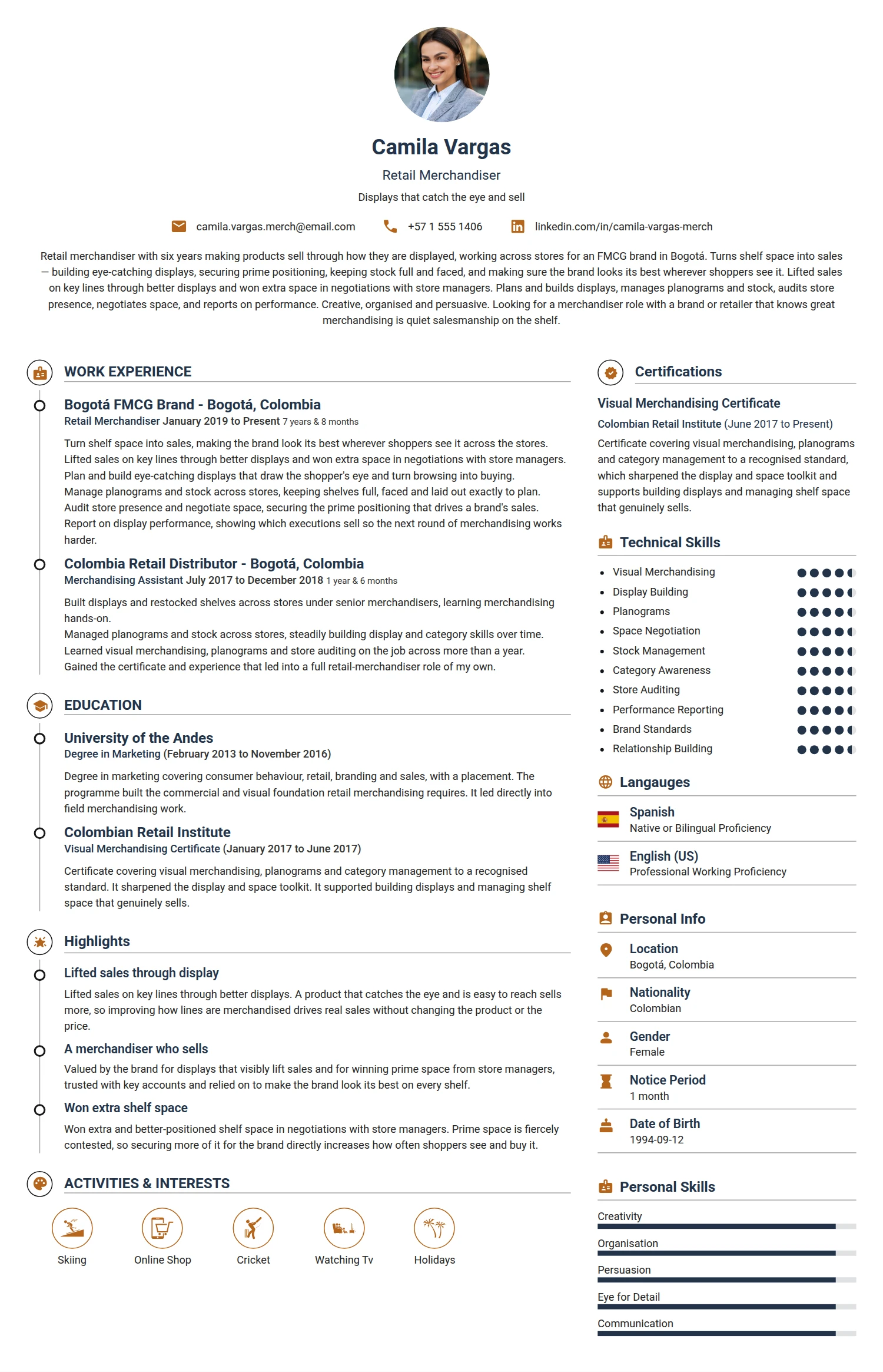 Retail Merchandiser resume example — a professionally formatted Sales CV sample