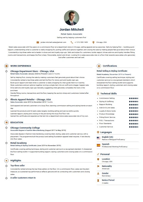 Retail Sales Associate resume example