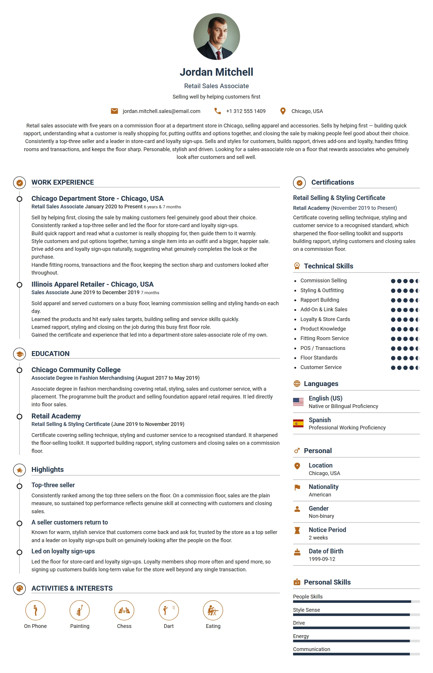 Retail Sales Associate resume example — a professionally formatted Sales CV sample