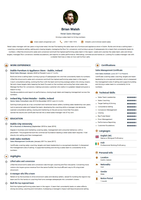 Retail Sales Manager resume example