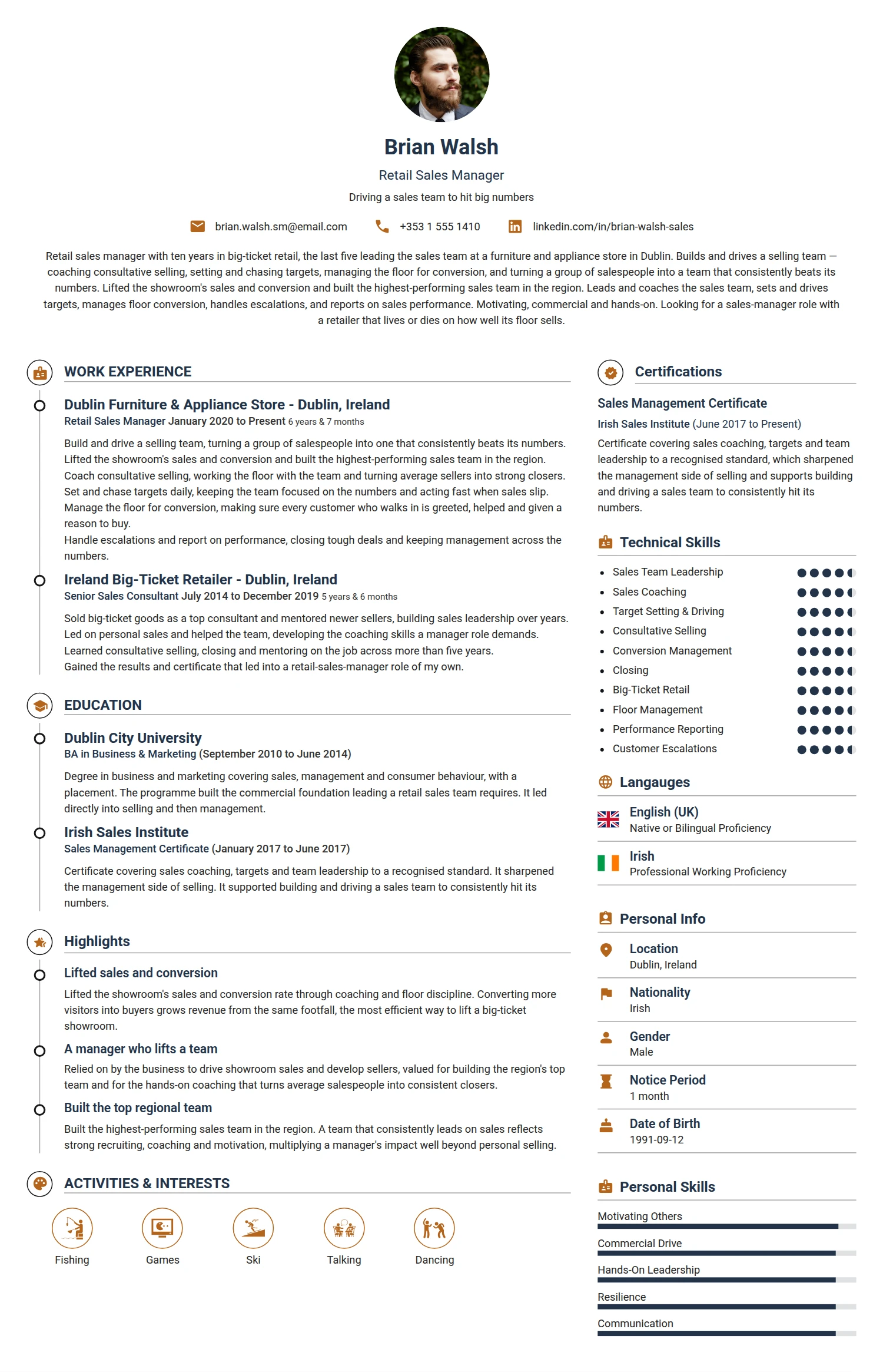 Retail Sales Manager resume example — a professionally formatted Sales CV sample