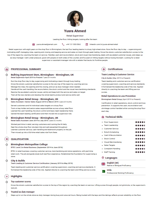 Retail Supervisor resume example