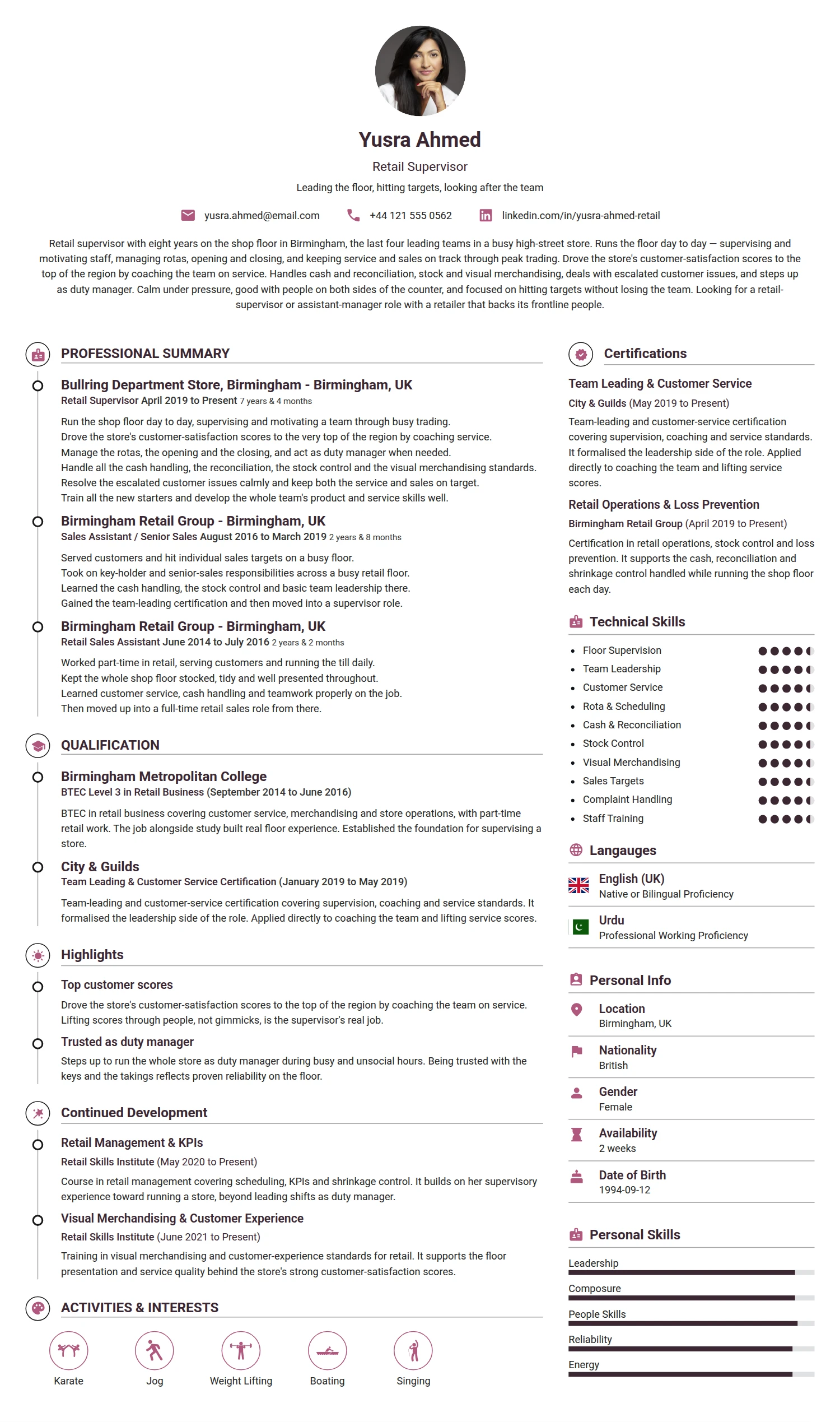 Retail Supervisor resume example — a professionally formatted Sales CV sample
