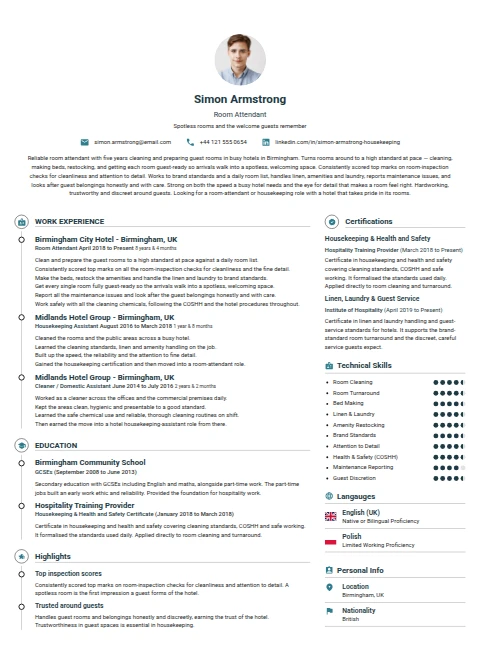 Room Attendant resume example