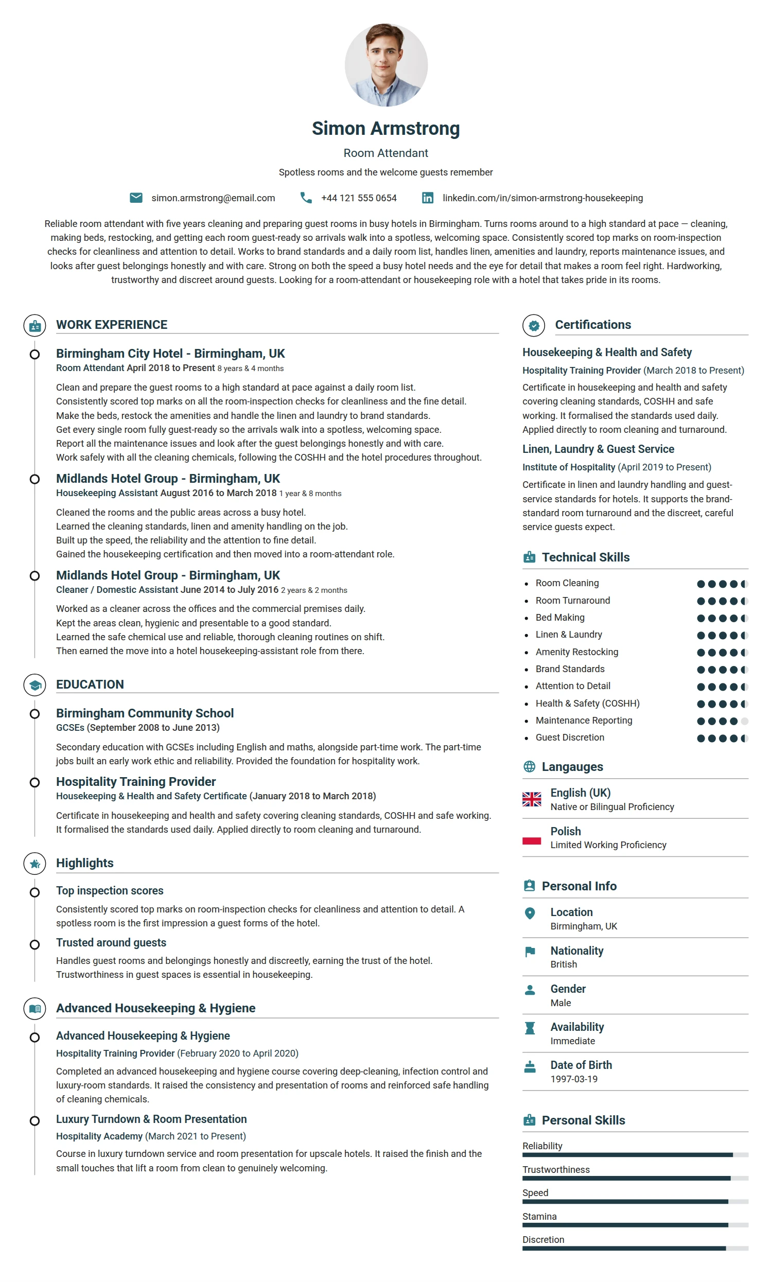 Room Attendant resume example — a professionally formatted Administration CV sample