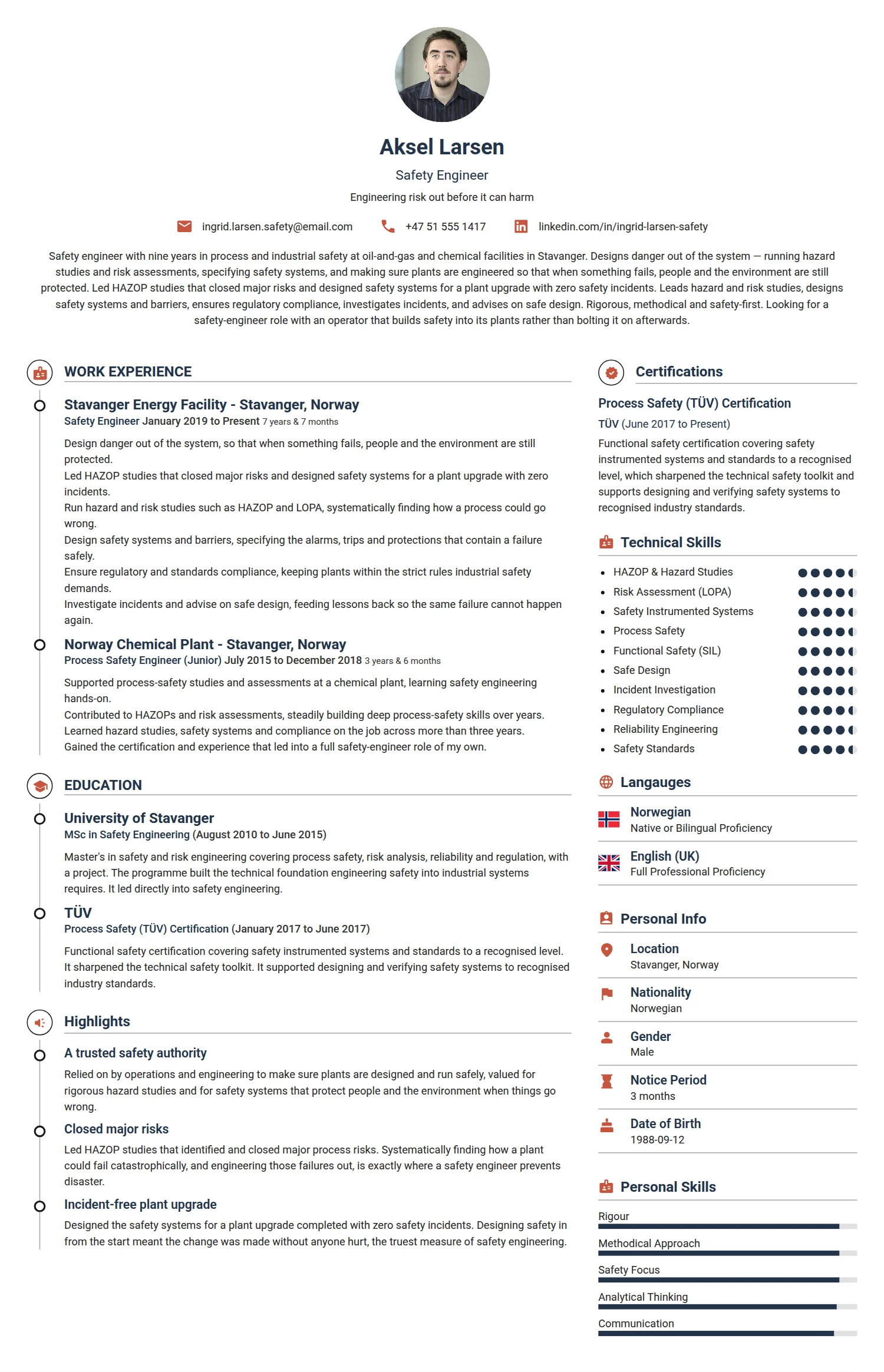 Safety Engineer resume example — a professionally formatted Engineering CV sample