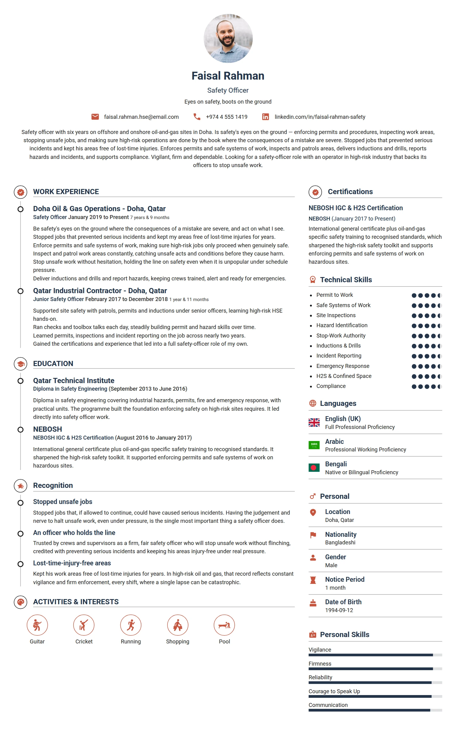Safety Officer resume example — a professionally formatted Law Enforcement/Military/Security CV sample