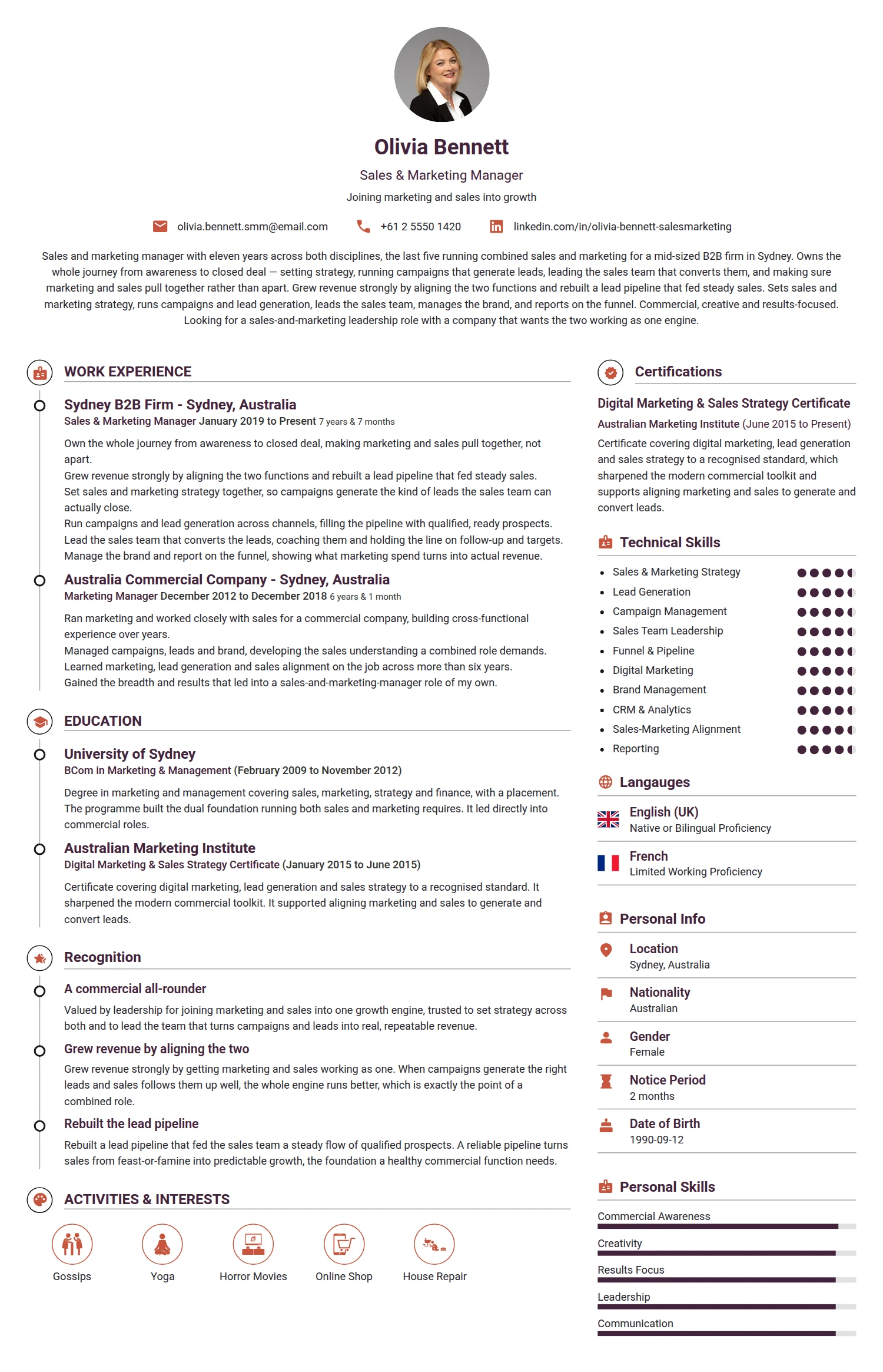 Sales and Marketing Manager resume example — a professionally formatted Sales CV sample