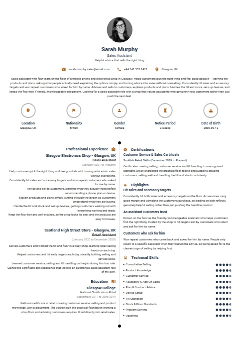 Sales Assistant resume example