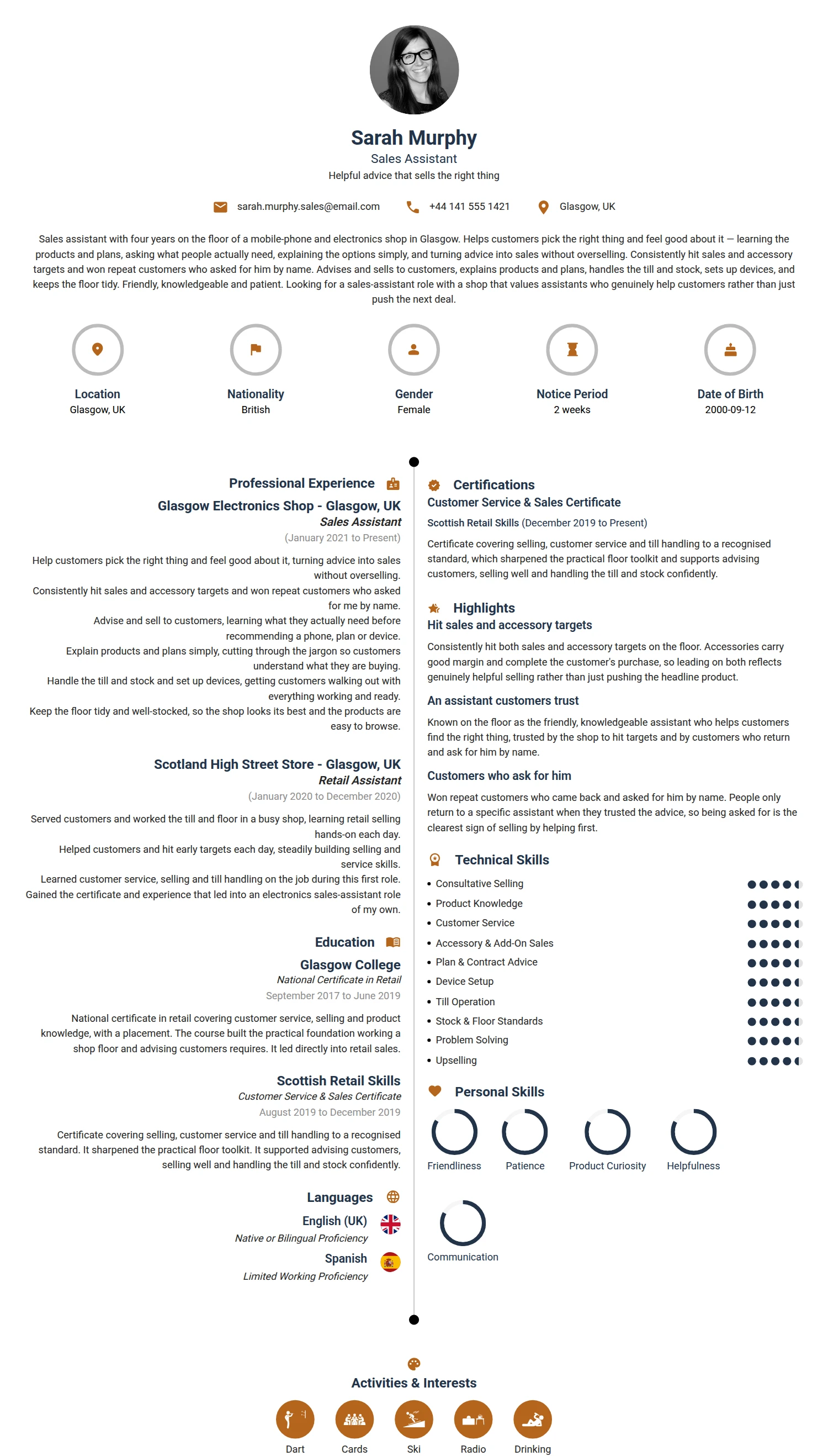 Sales Assistant resume example — a professionally formatted Sales CV sample