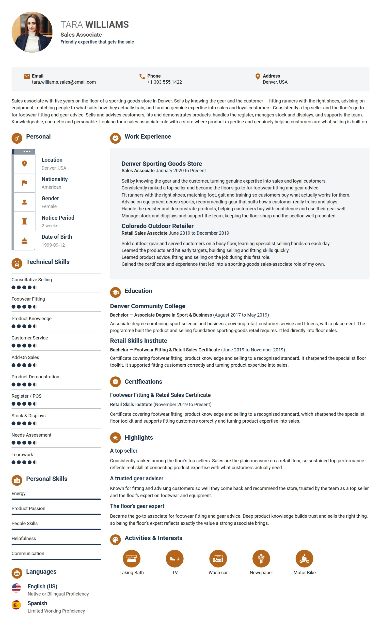 Sales Associate resume example — a professionally formatted Sales CV sample