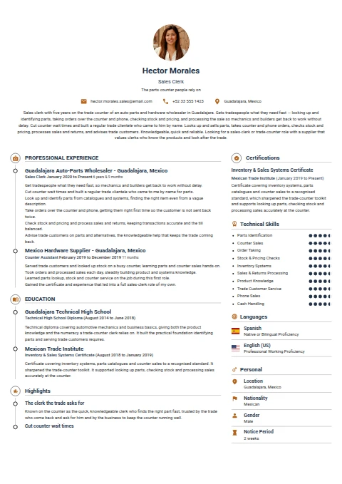 Sales Clerk resume example