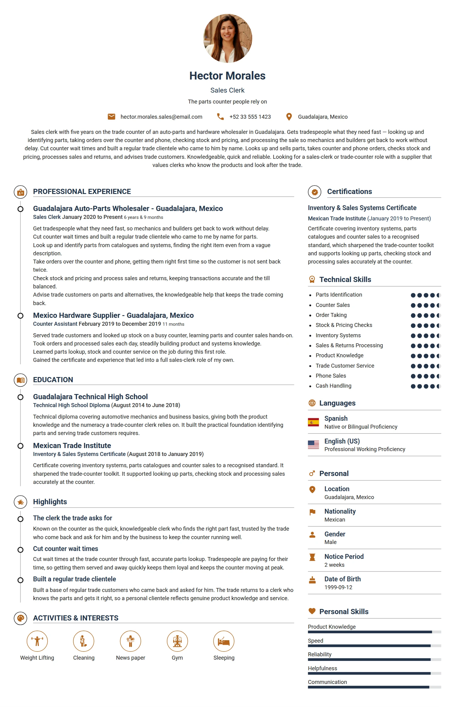 Sales Clerk resume example — a professionally formatted Sales CV sample