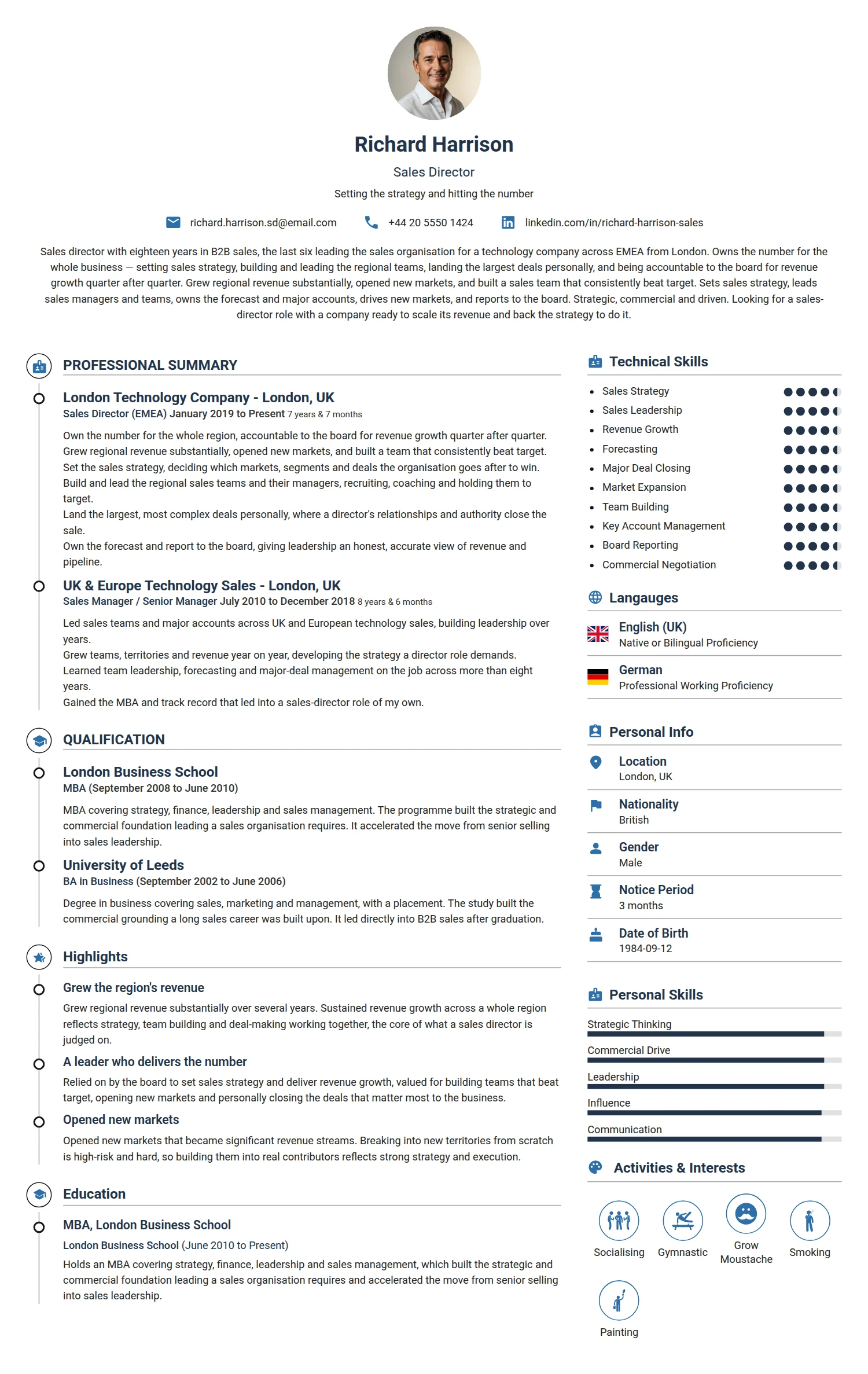 Sales Director resume example — a professionally formatted Sales CV sample