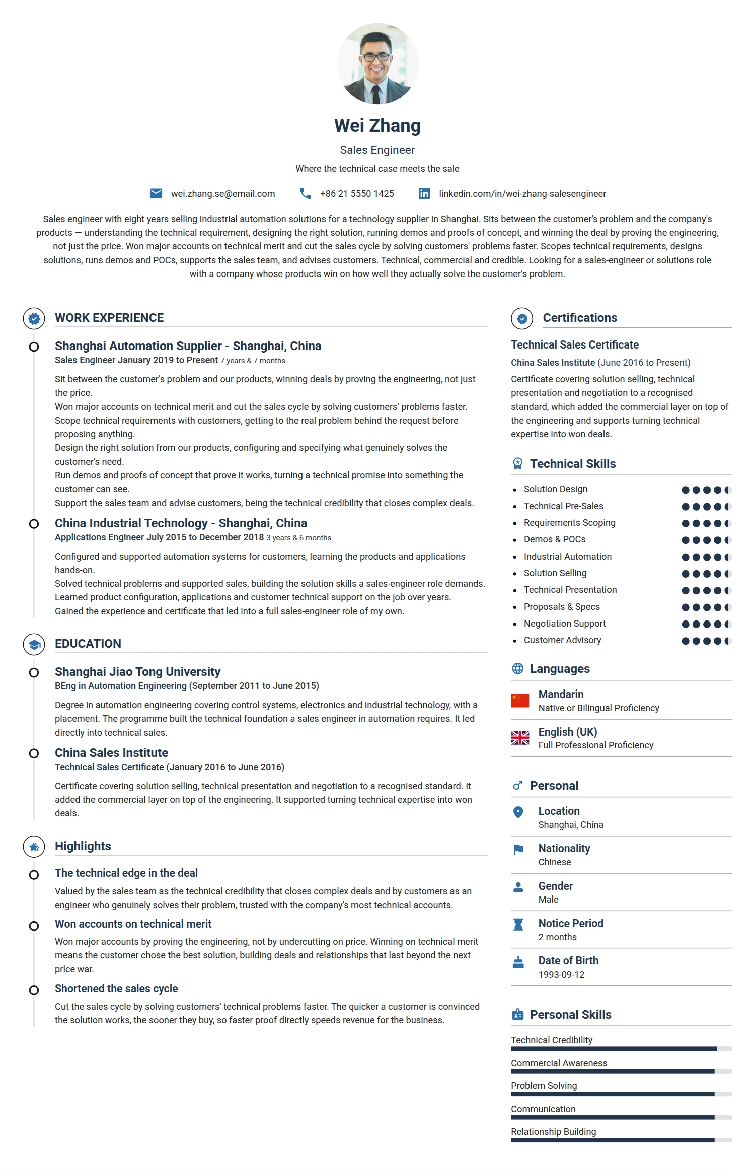 Sales Engineer resume example — a professionally formatted Sales CV sample