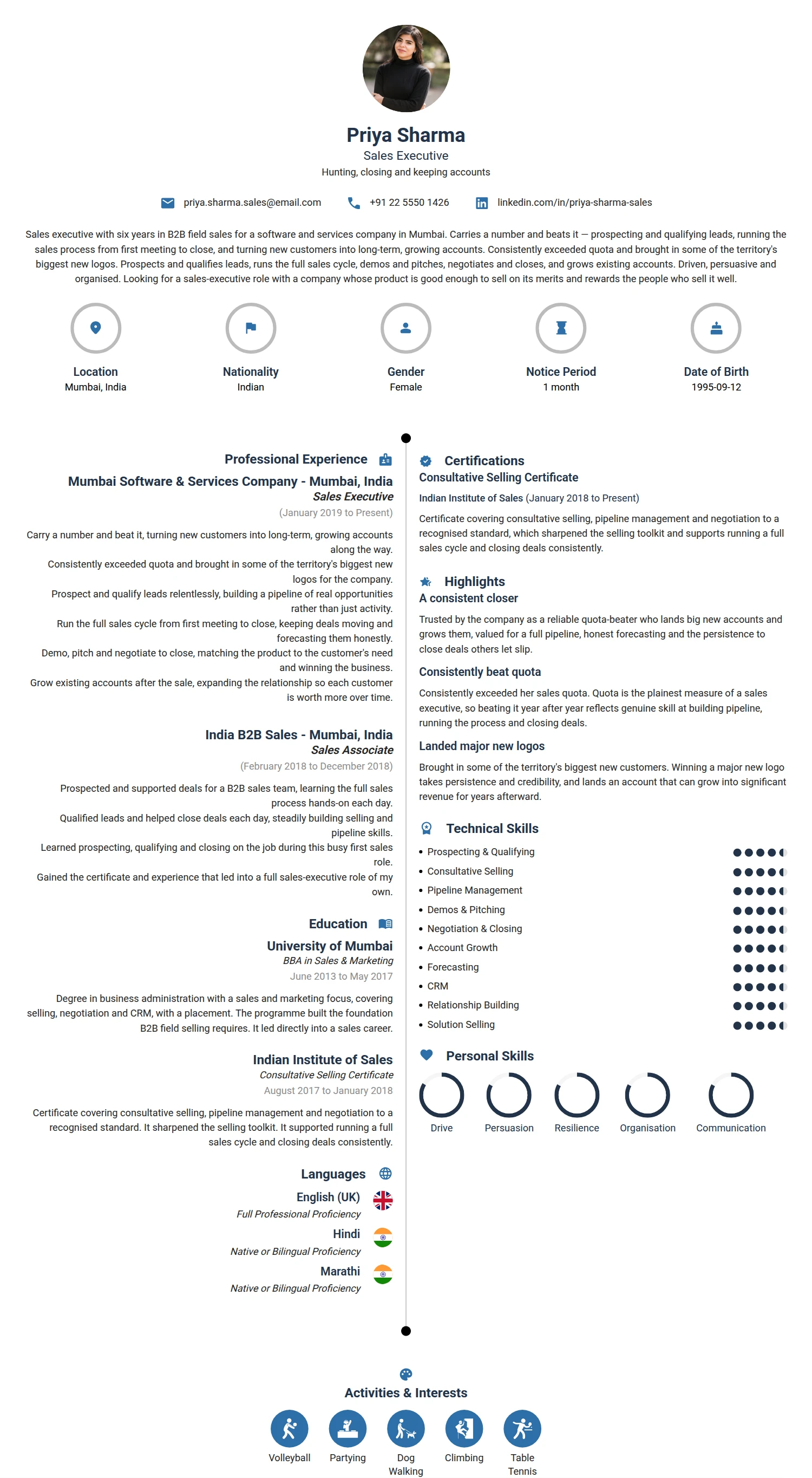 Sales Executive resume example — a professionally formatted Sales CV sample
