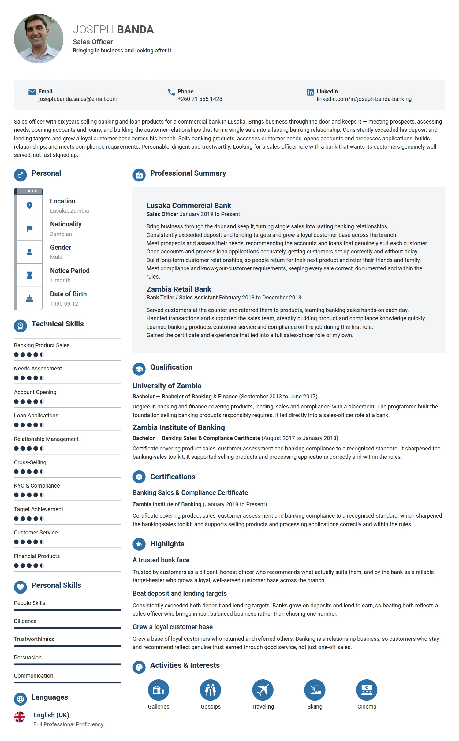 Sales Officer resume example — a professionally formatted Sales CV sample