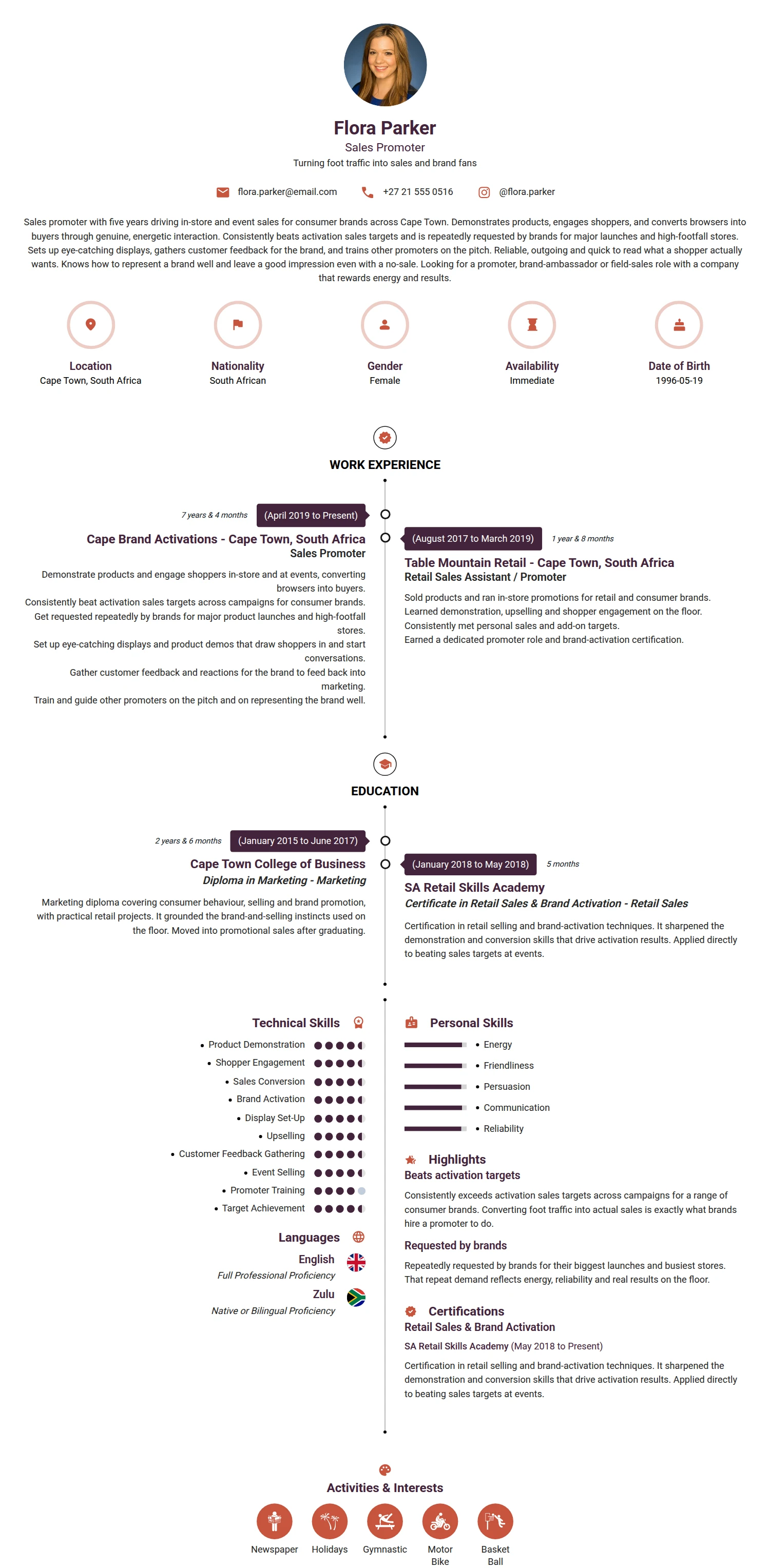 Sales Promoter resume example — a professionally formatted Sales CV sample