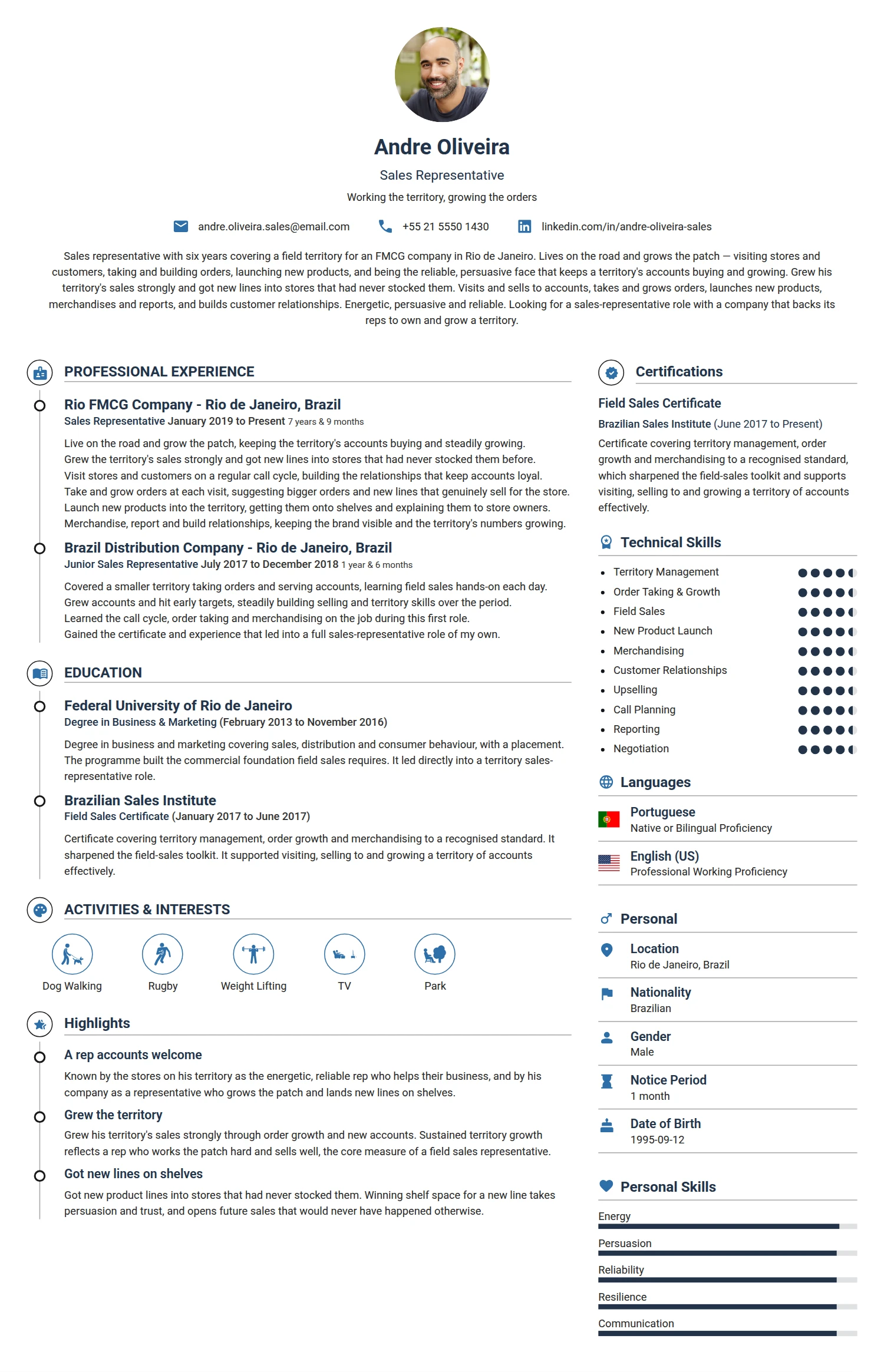 Sales Representative resume example — a professionally formatted Sales CV sample