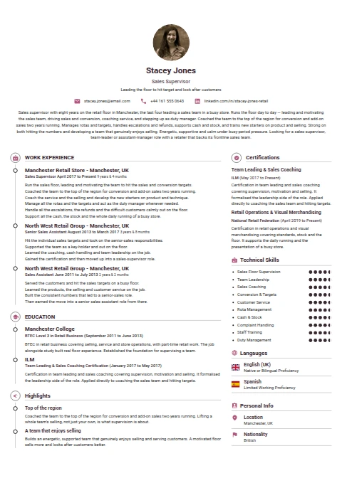 Sales Supervisor resume example