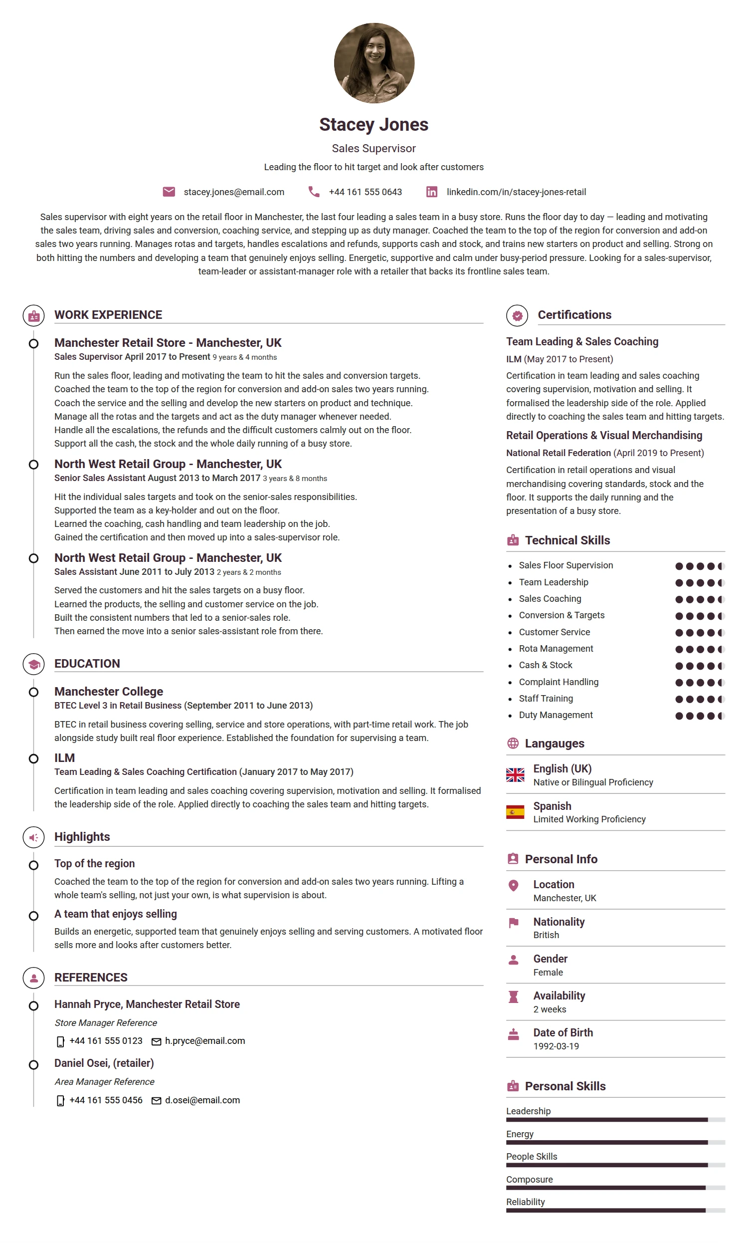 Sales Supervisor resume example — a professionally formatted Sales CV sample