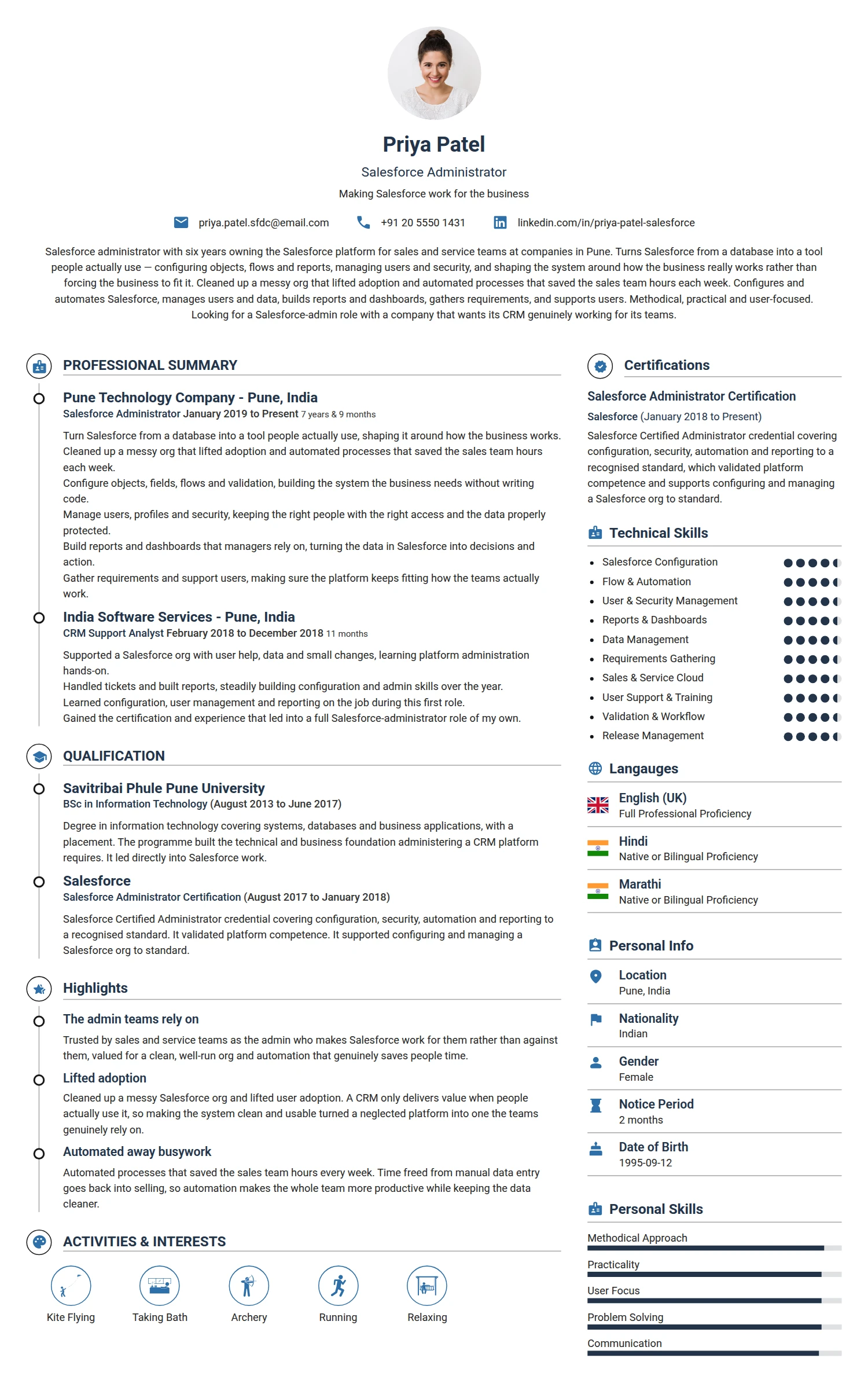 Salesforce Administrator resume example — a professionally formatted Software Development & IT CV sample