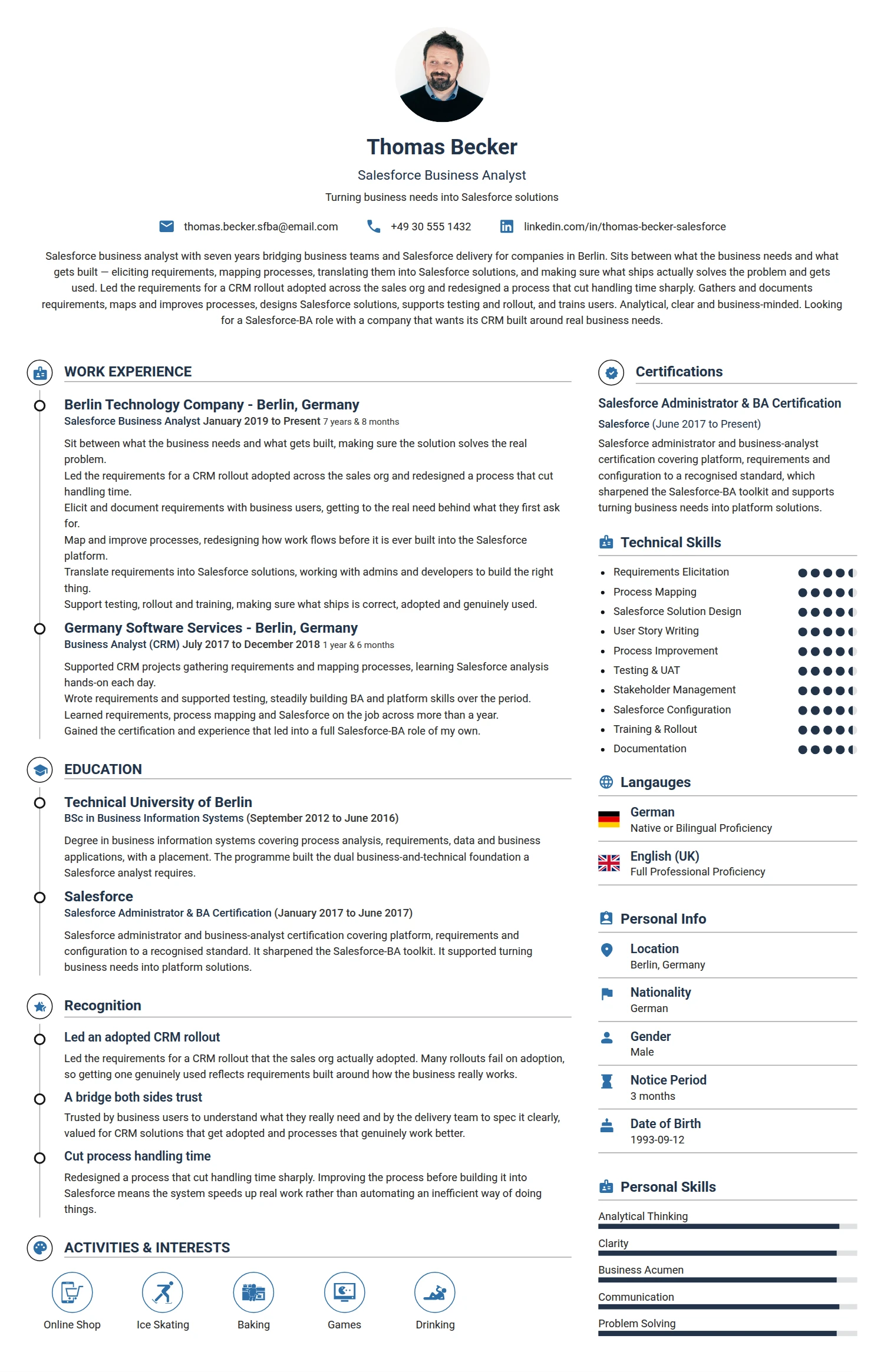 Salesforce Business Analyst resume example — a professionally formatted Business Management CV sample