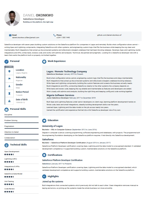 Salesforce Developer resume example