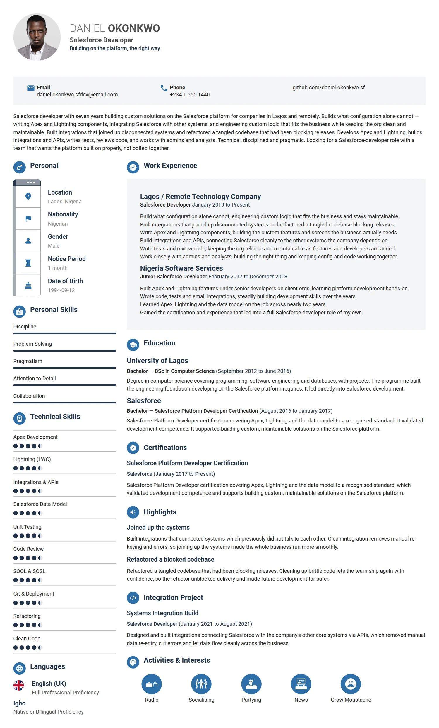 Salesforce Developer resume example — a professionally formatted Software Development & IT CV sample