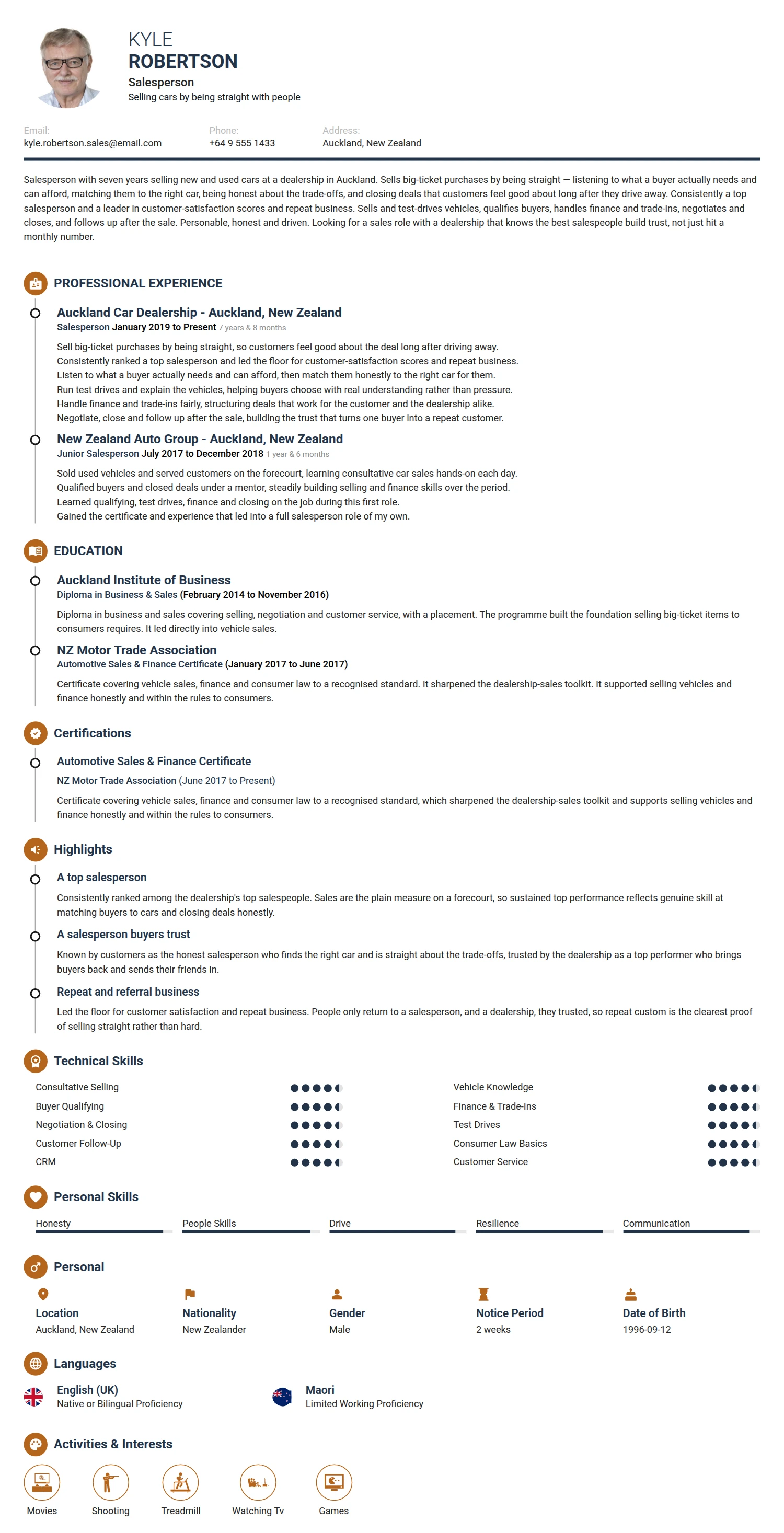 Salesperson resume example — a professionally formatted Sales CV sample