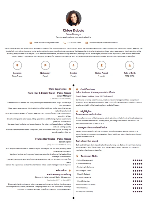 Salon Manager resume example