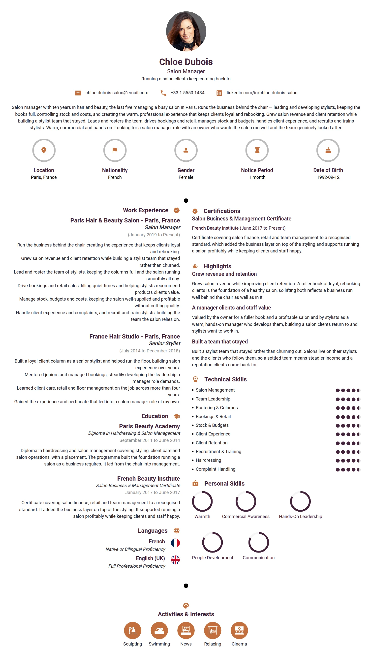 Salon Manager resume example — a professionally formatted Art/Creative/Design CV sample