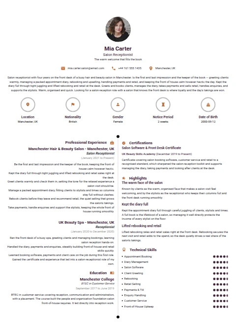 Salon Receptionist resume example