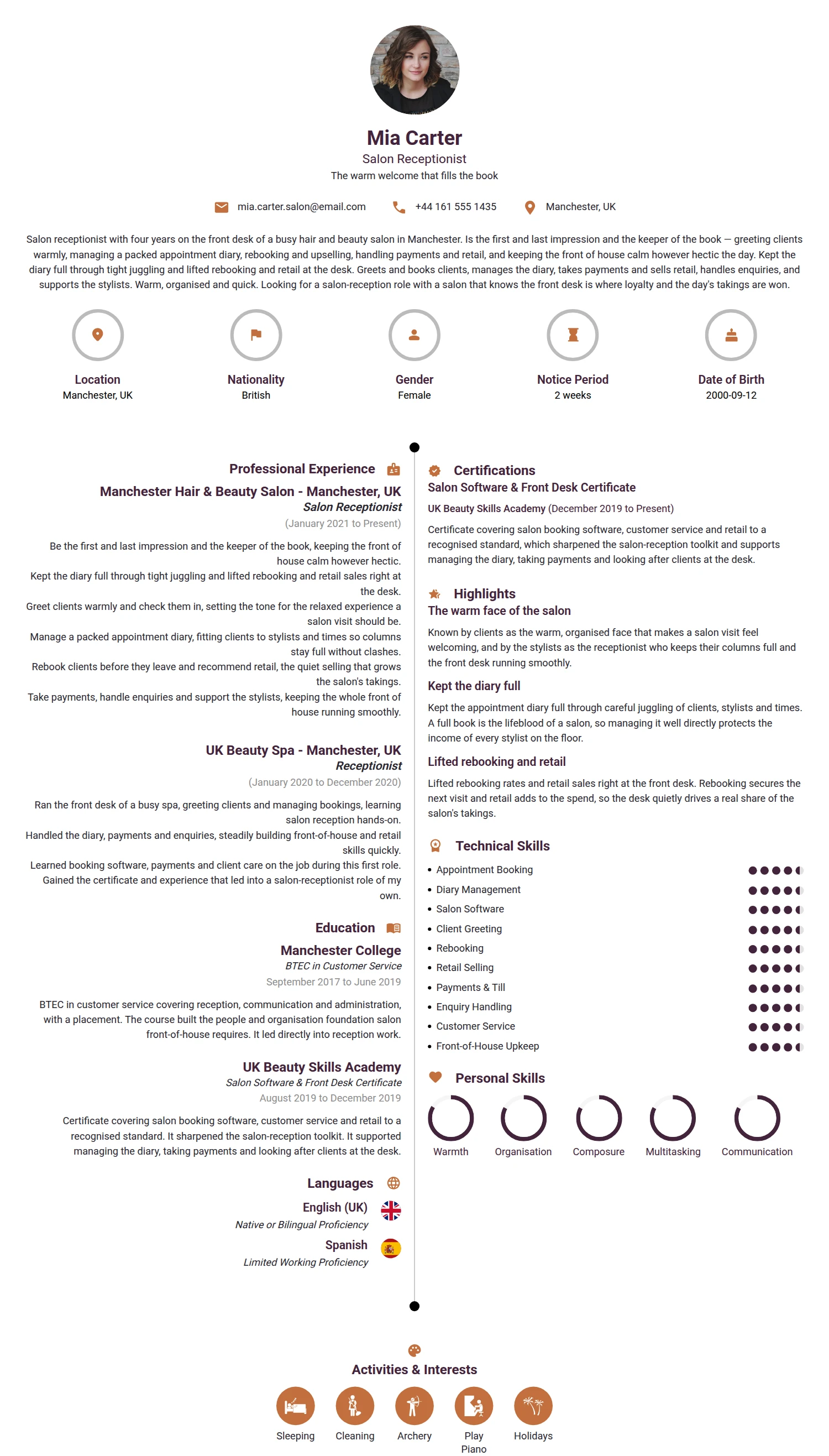 Salon Receptionist resume example — a professionally formatted Administration CV sample