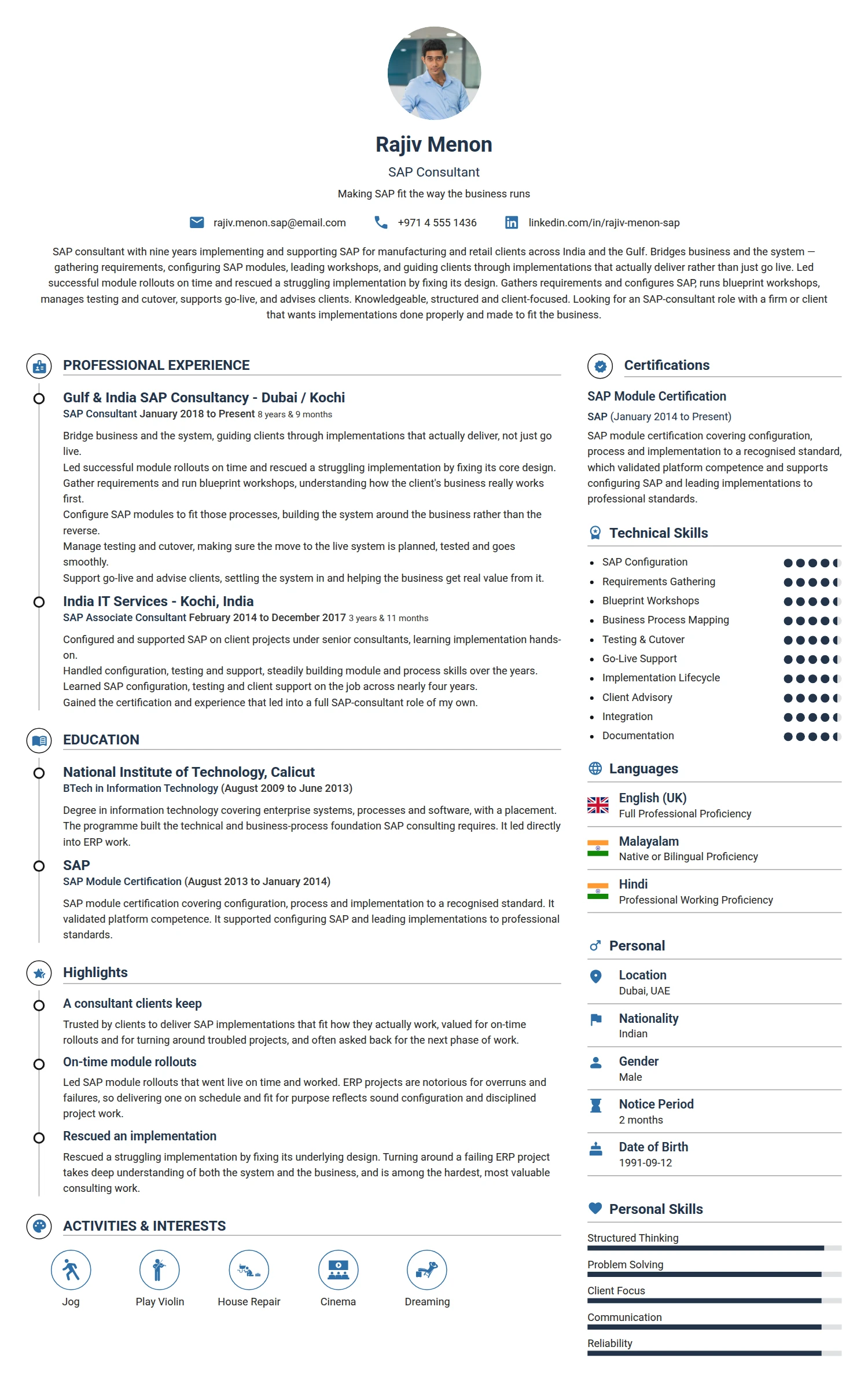 SAP Consultant resume example — a professionally formatted Software Development & IT CV sample