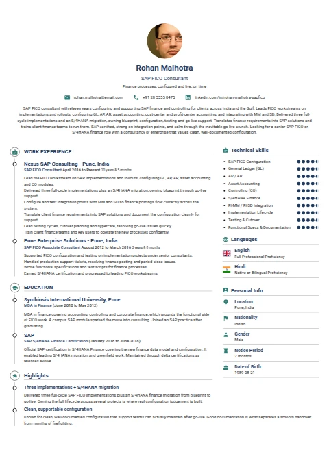 SAP FICO Consultant resume example — a professionally formatted Business Management CV sample