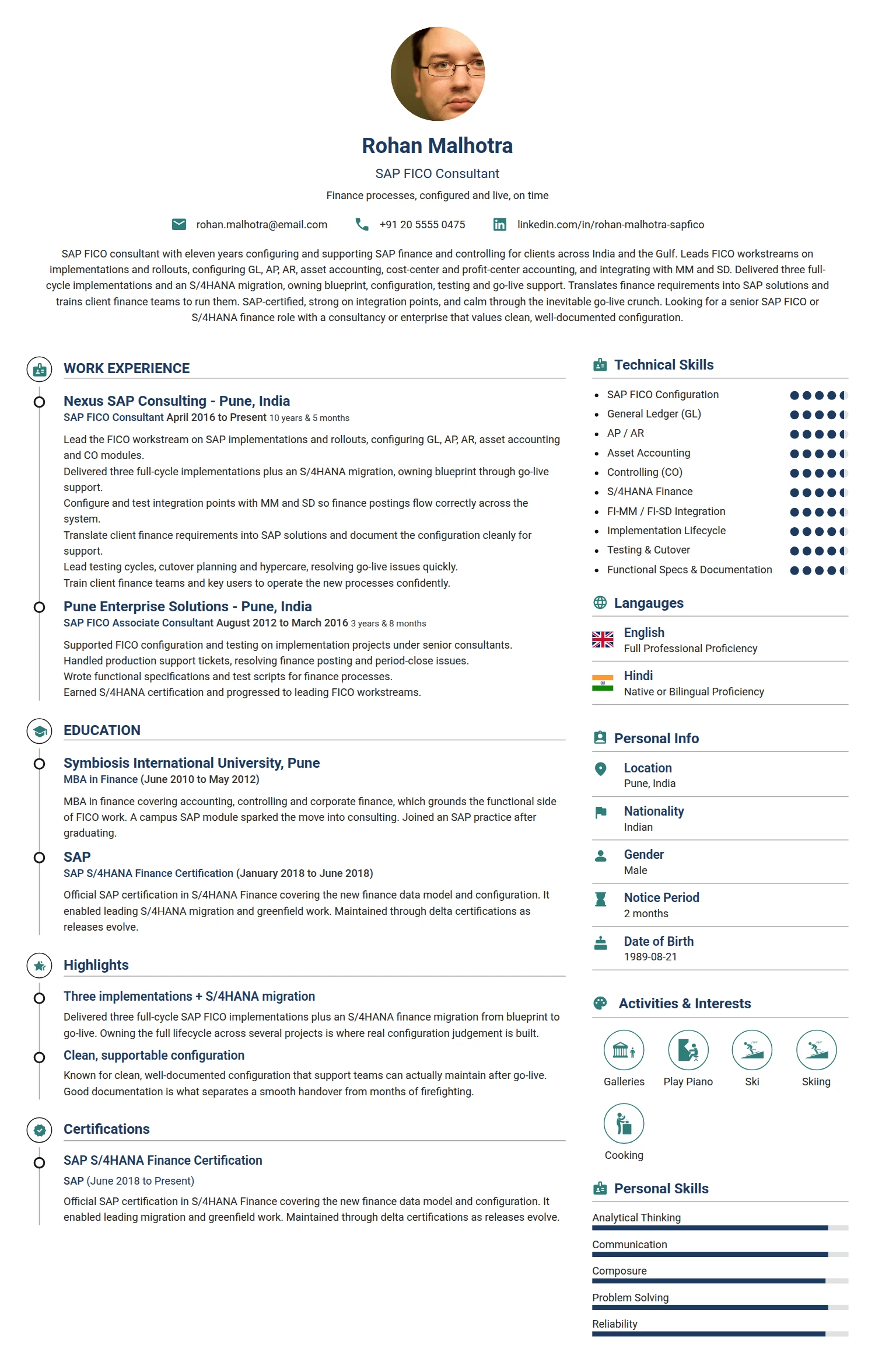 SAP FICO Consultant resume example — a professionally formatted Business Management CV sample