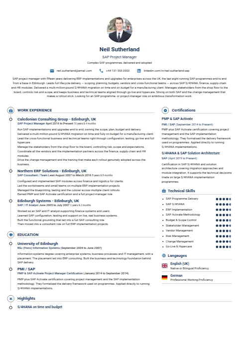 SAP Project Manager resume example