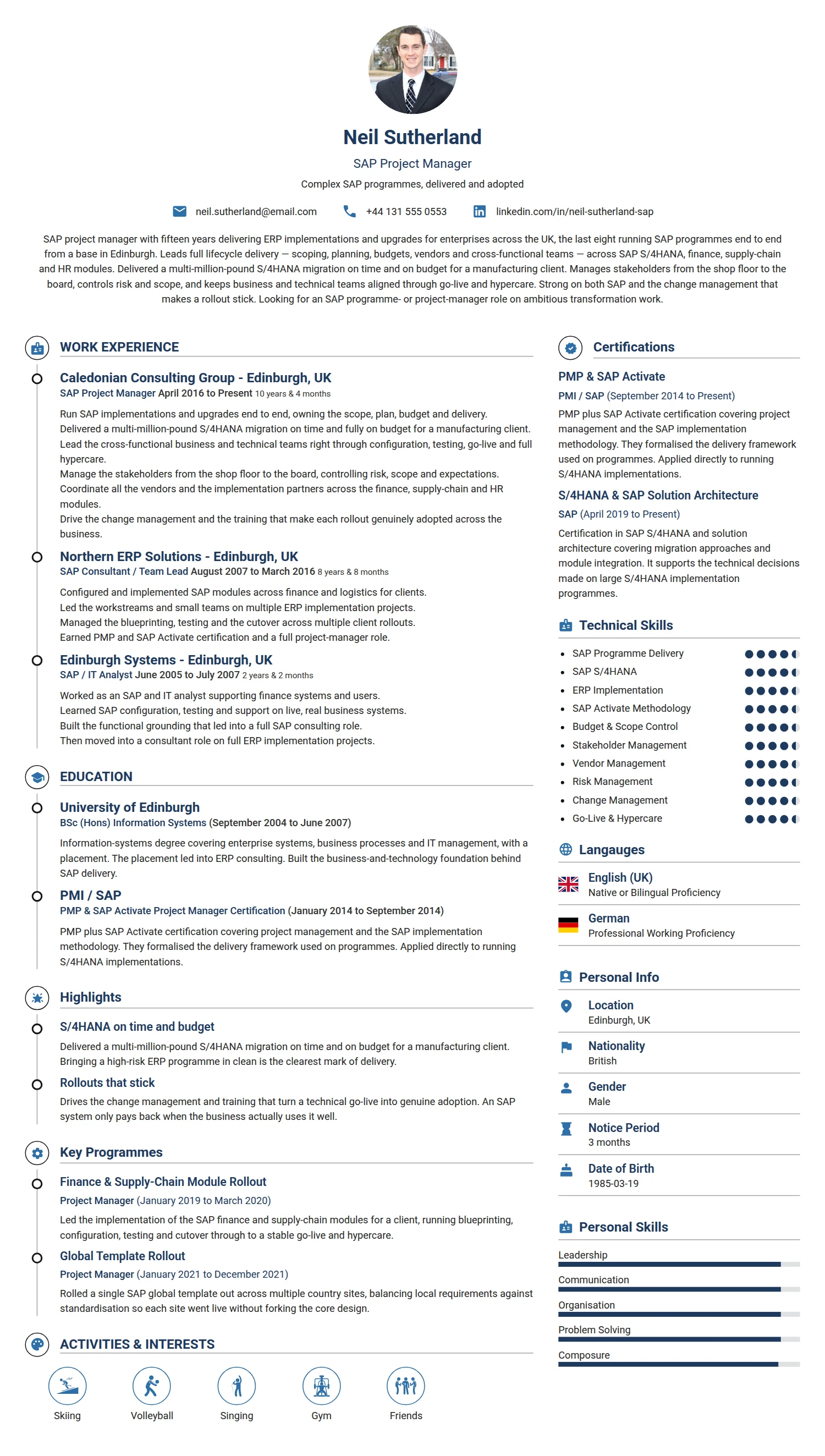 SAP Project Manager resume example — a professionally formatted Business Management CV sample