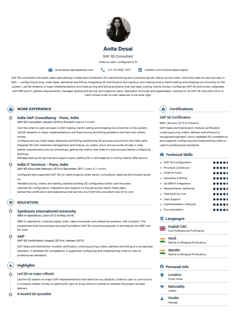 SAP SD Consultant resume example