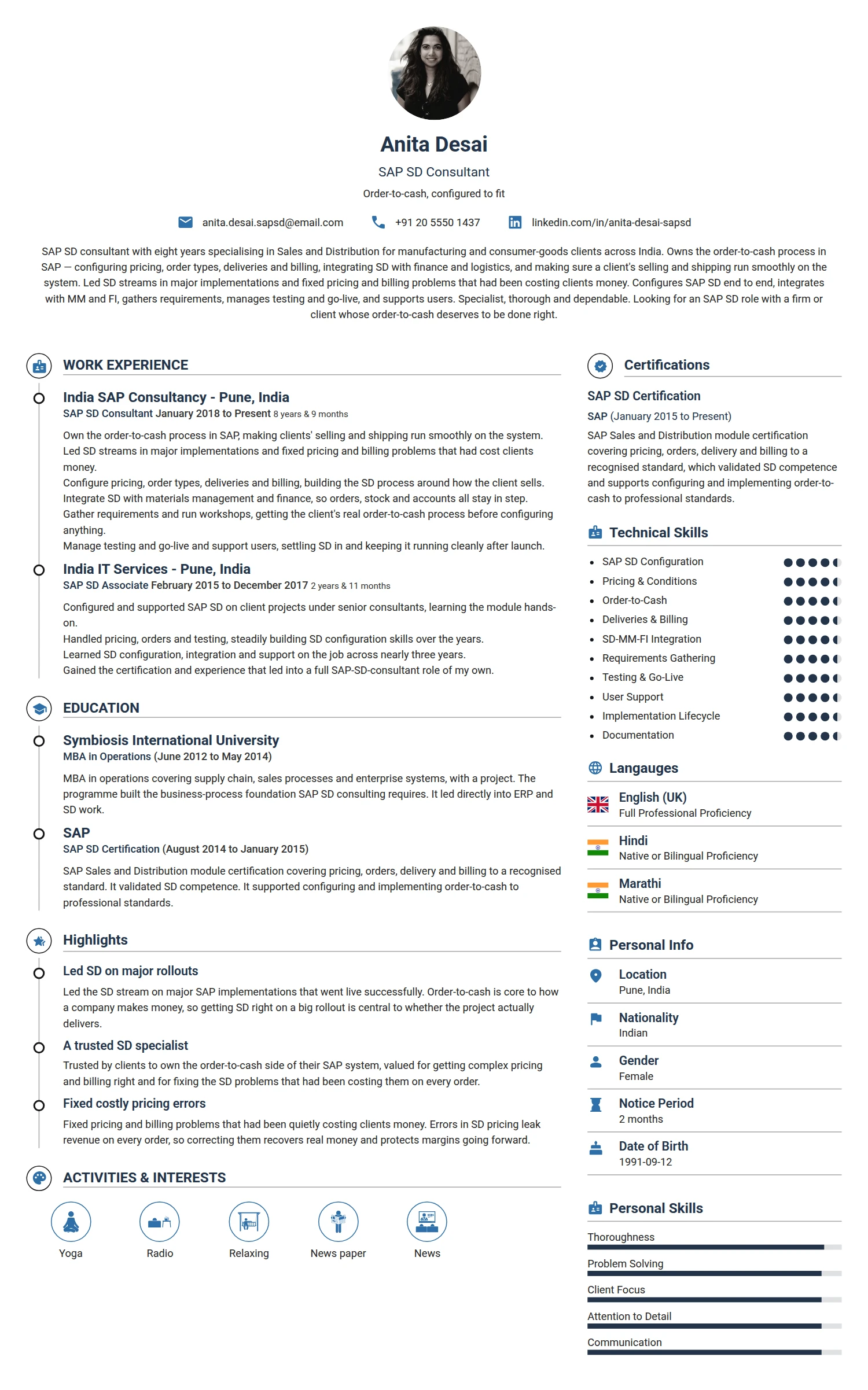 SAP SD Consultant resume example — a professionally formatted Business Management CV sample