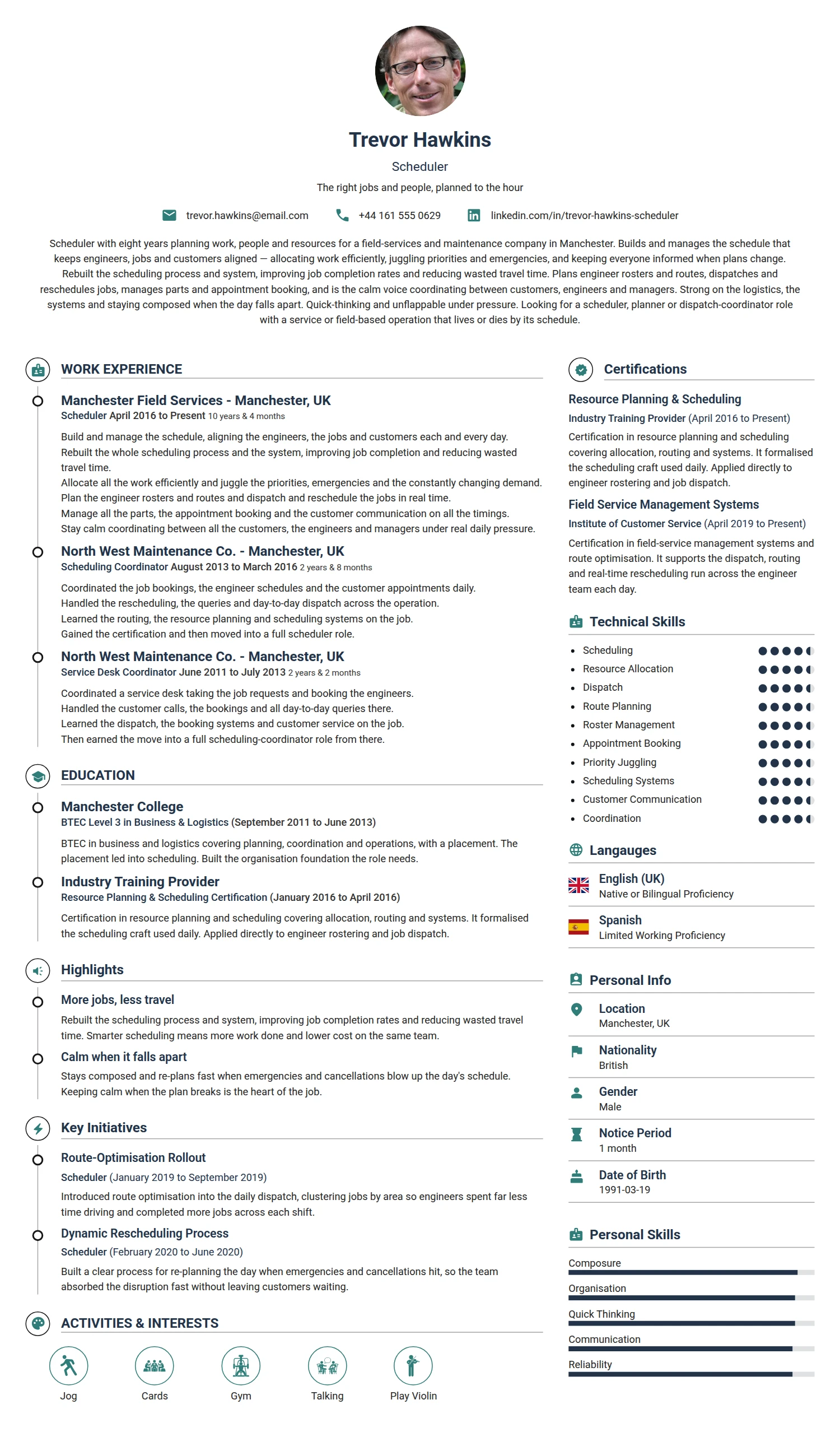 Scheduler resume example — a professionally formatted Manufacturing CV sample