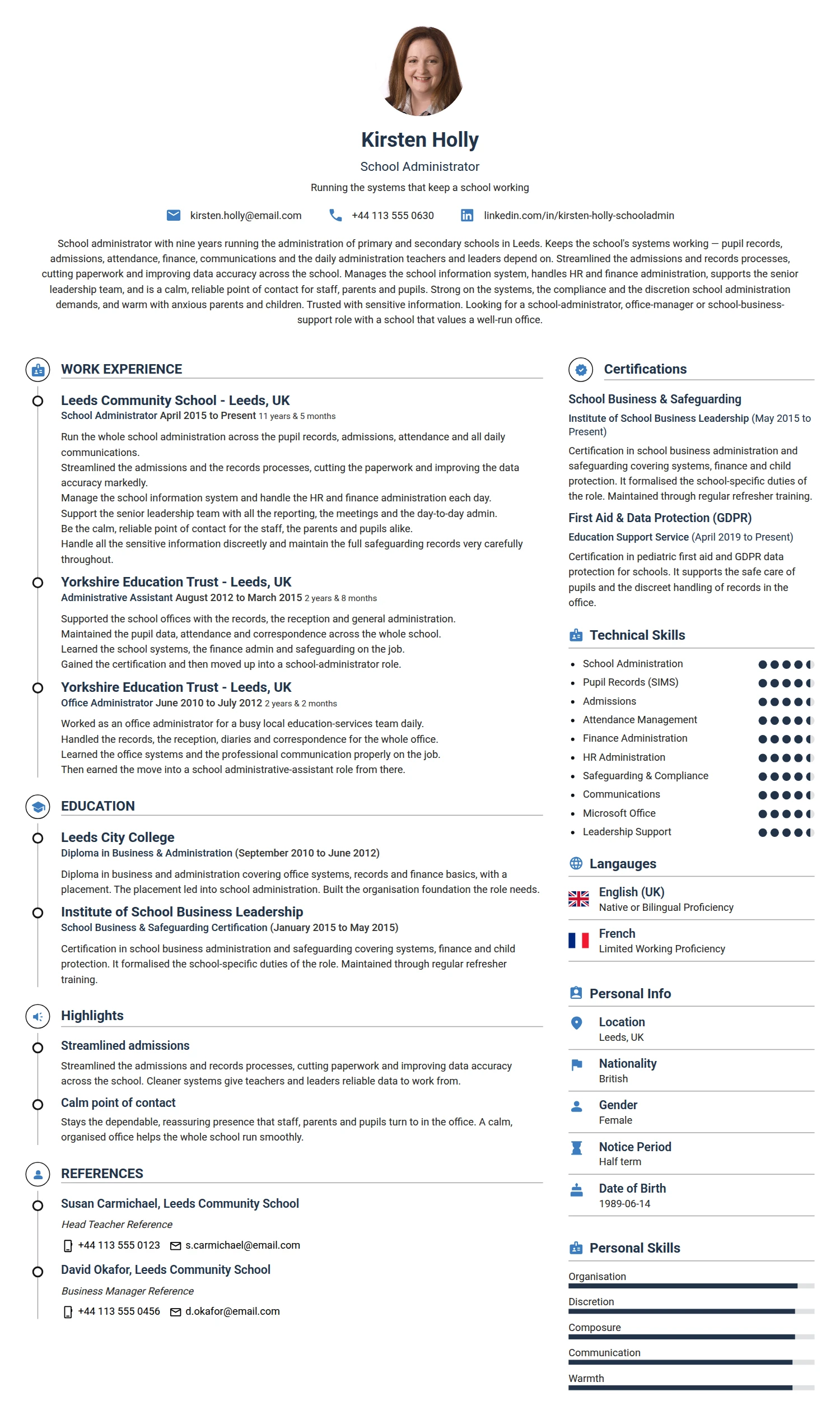 School Administrator resume example — a professionally formatted Administration CV sample