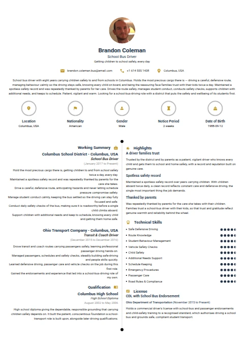 School Bus Driver resume example