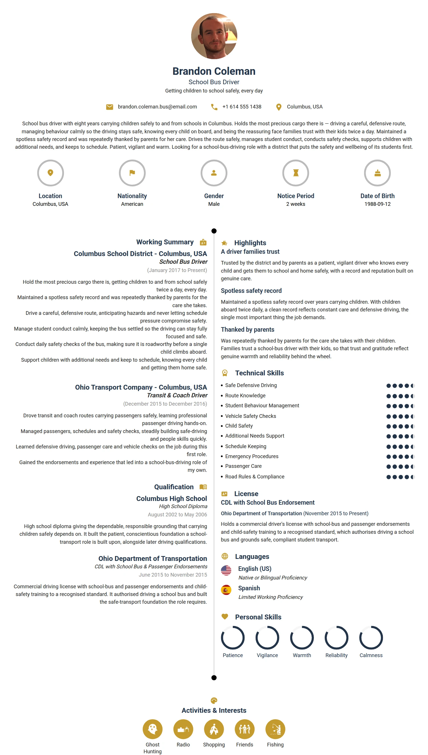 School Bus Driver resume example — a professionally formatted Transportation CV sample