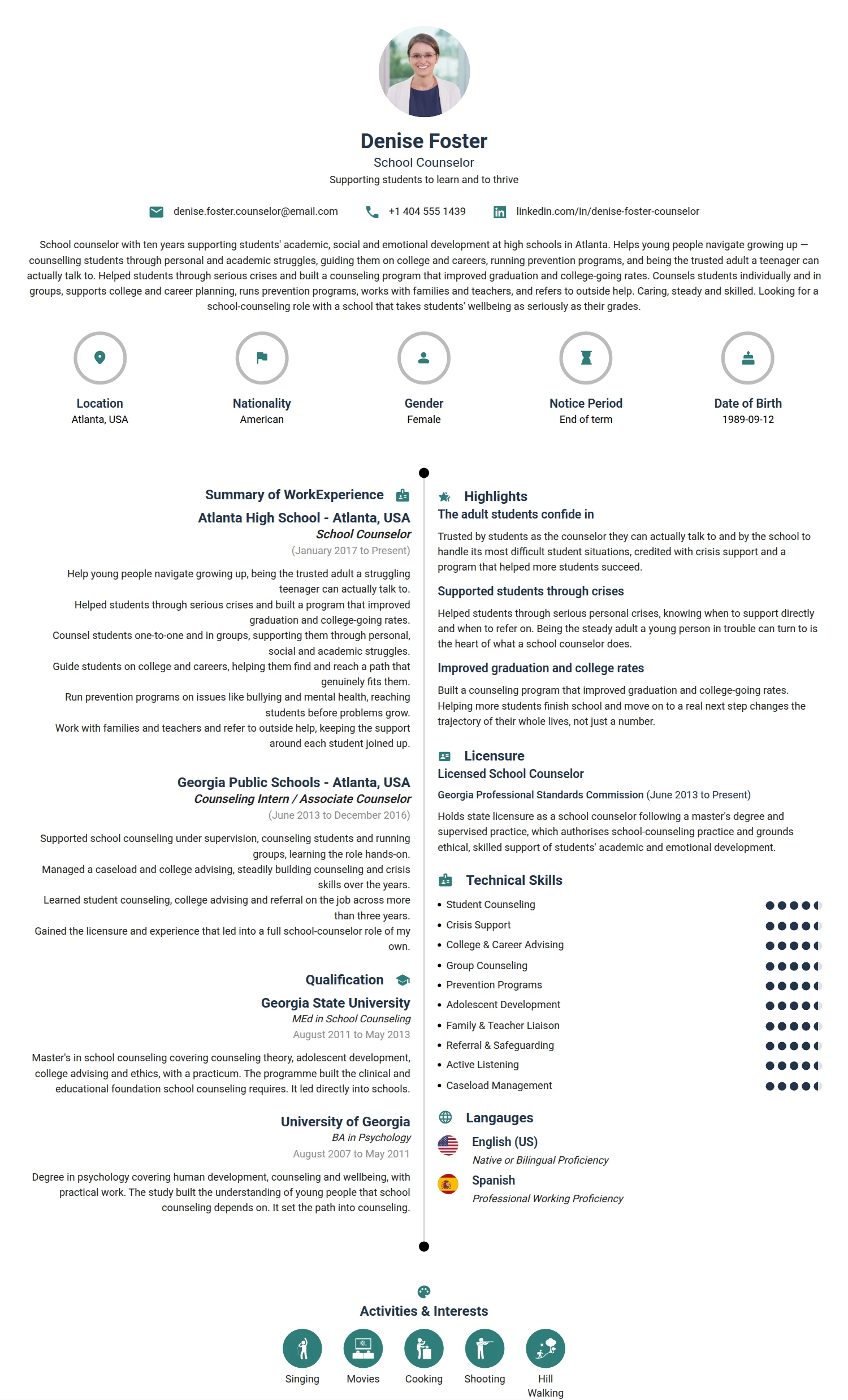School Counselor resume example — a professionally formatted Education CV sample