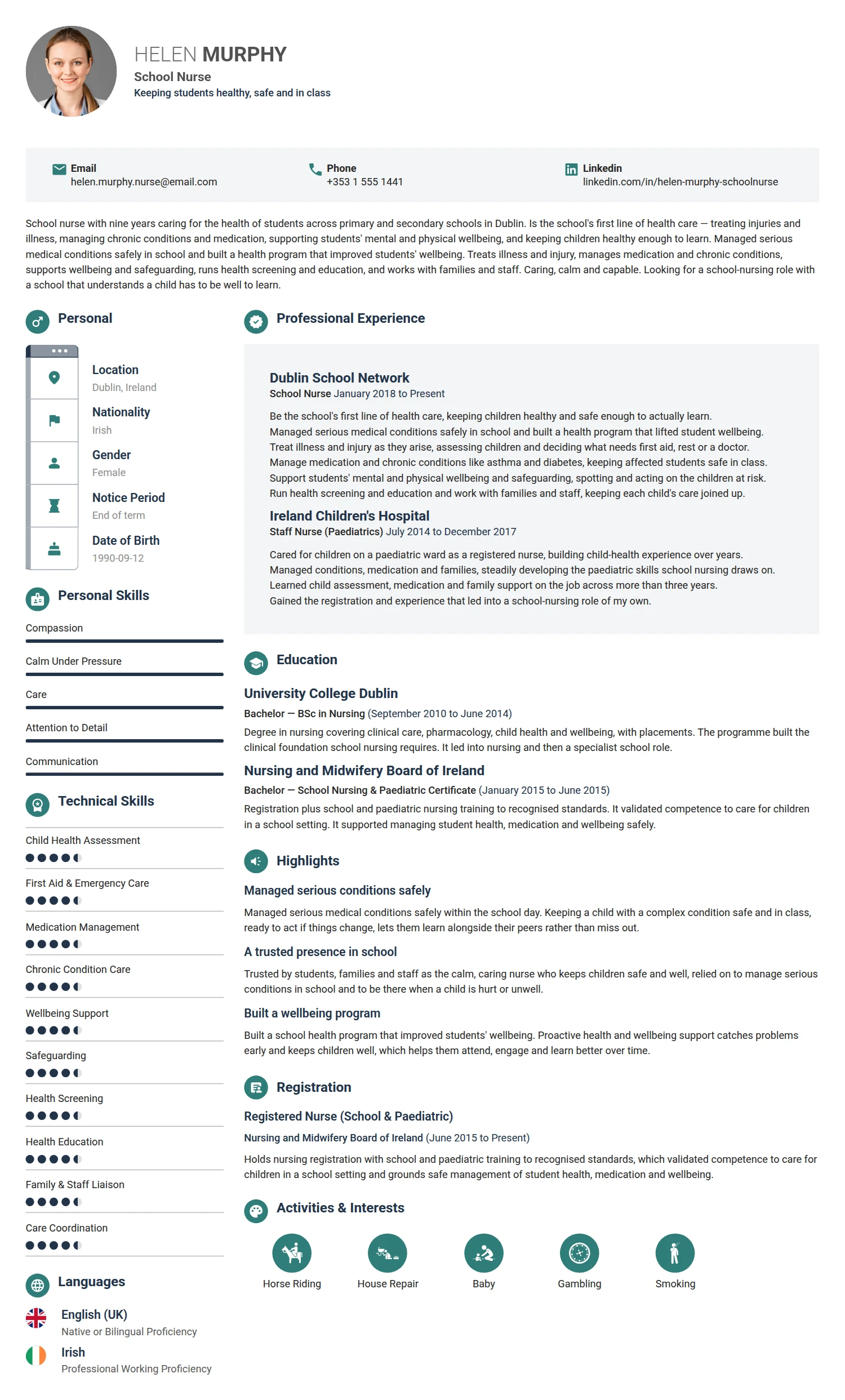 School Nurse resume example — a professionally formatted Medical & Healthcare CV sample
