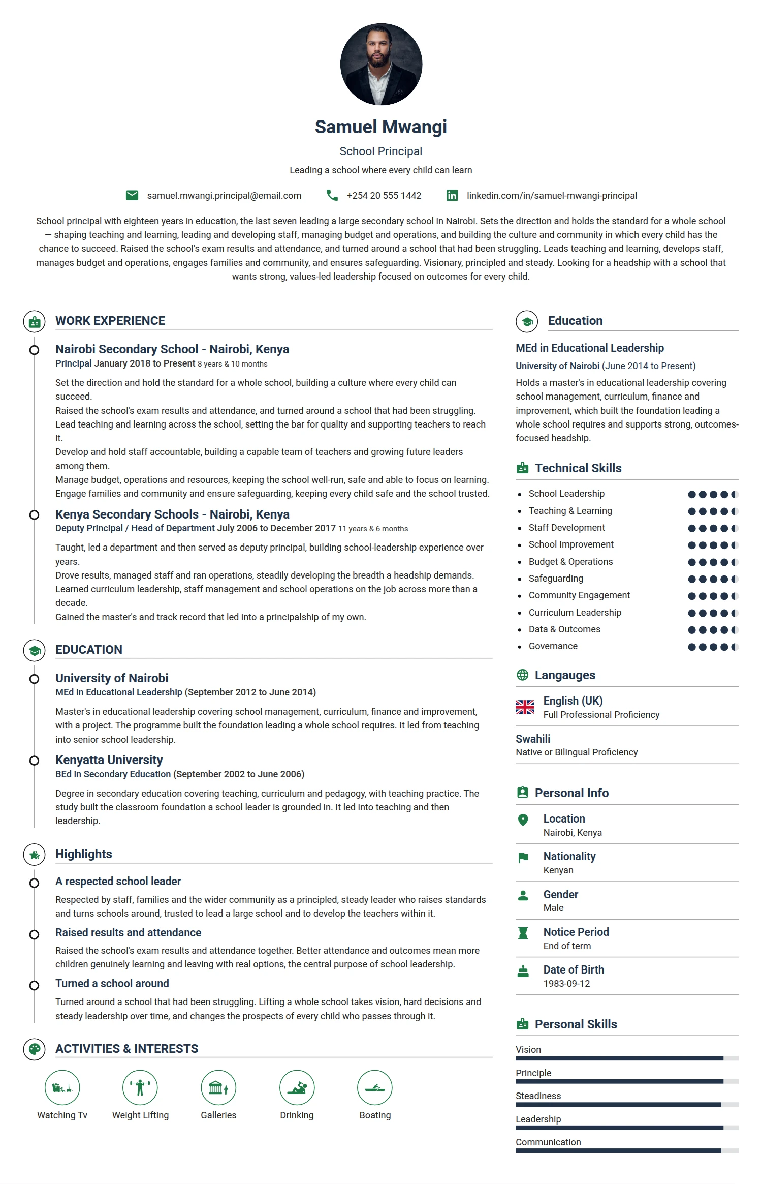 School Principal resume example — a professionally formatted Education CV sample