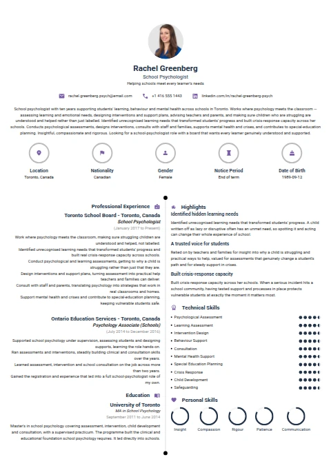 School Psychologist resume example — a professionally formatted Education CV sample
