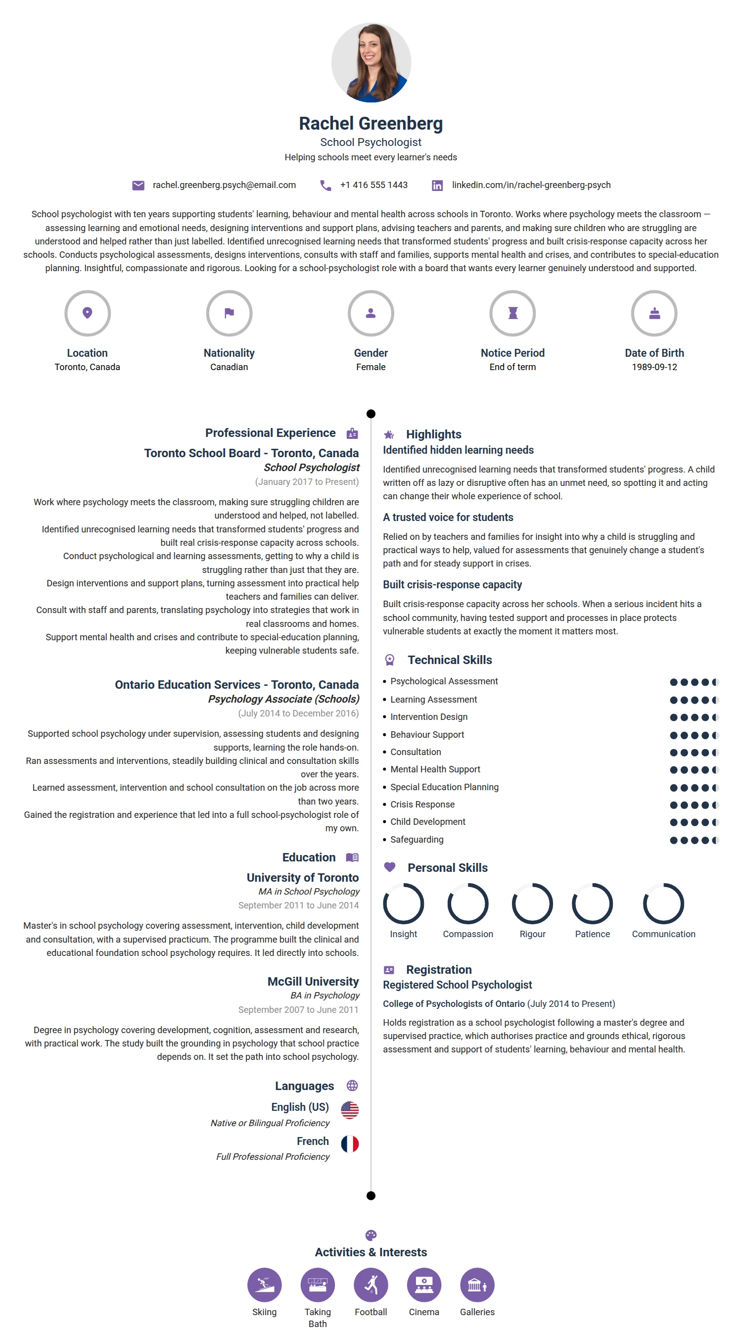 School Psychologist resume example — a professionally formatted Education CV sample